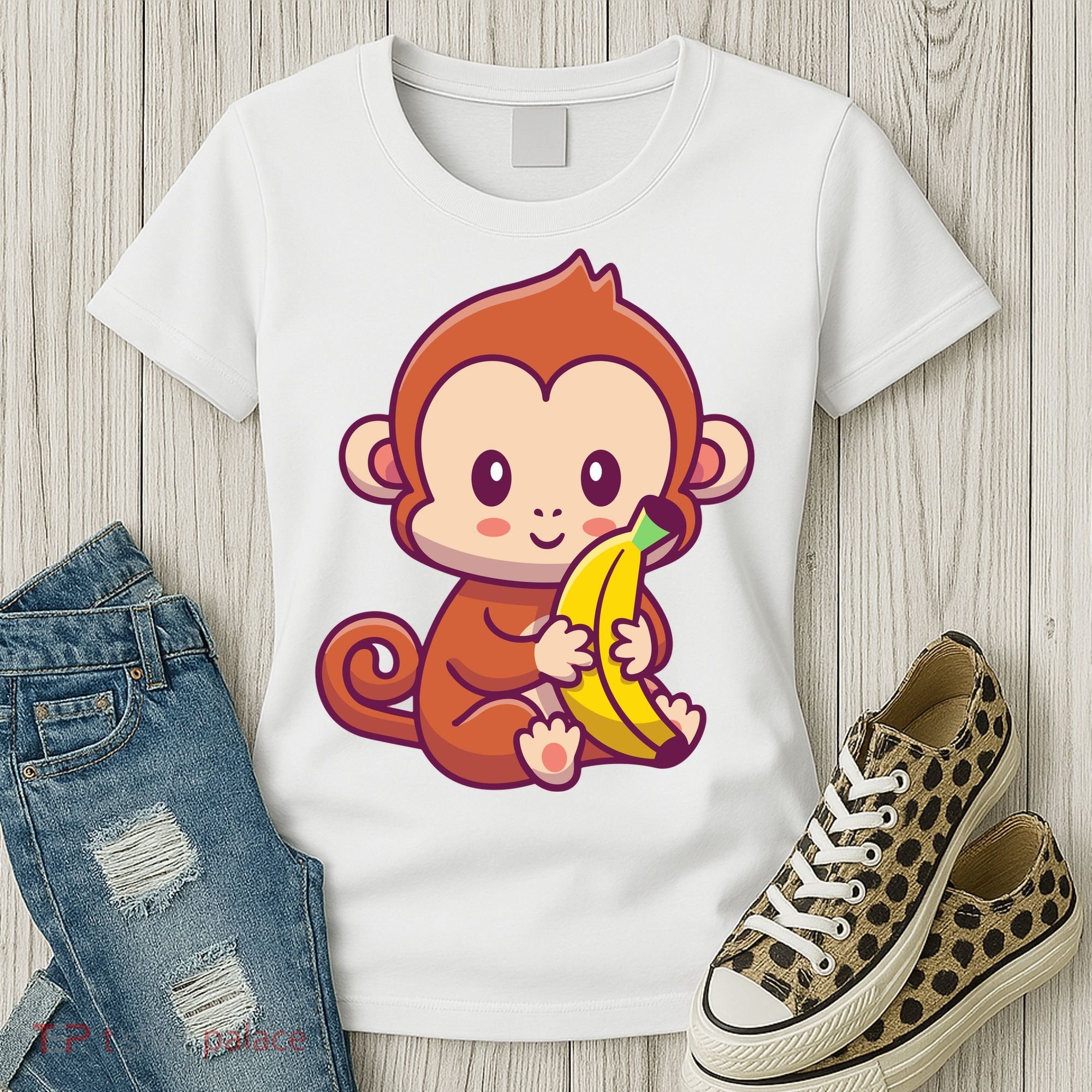 Cute Monkey Holding Banana Cartoon Women's T-Shirt