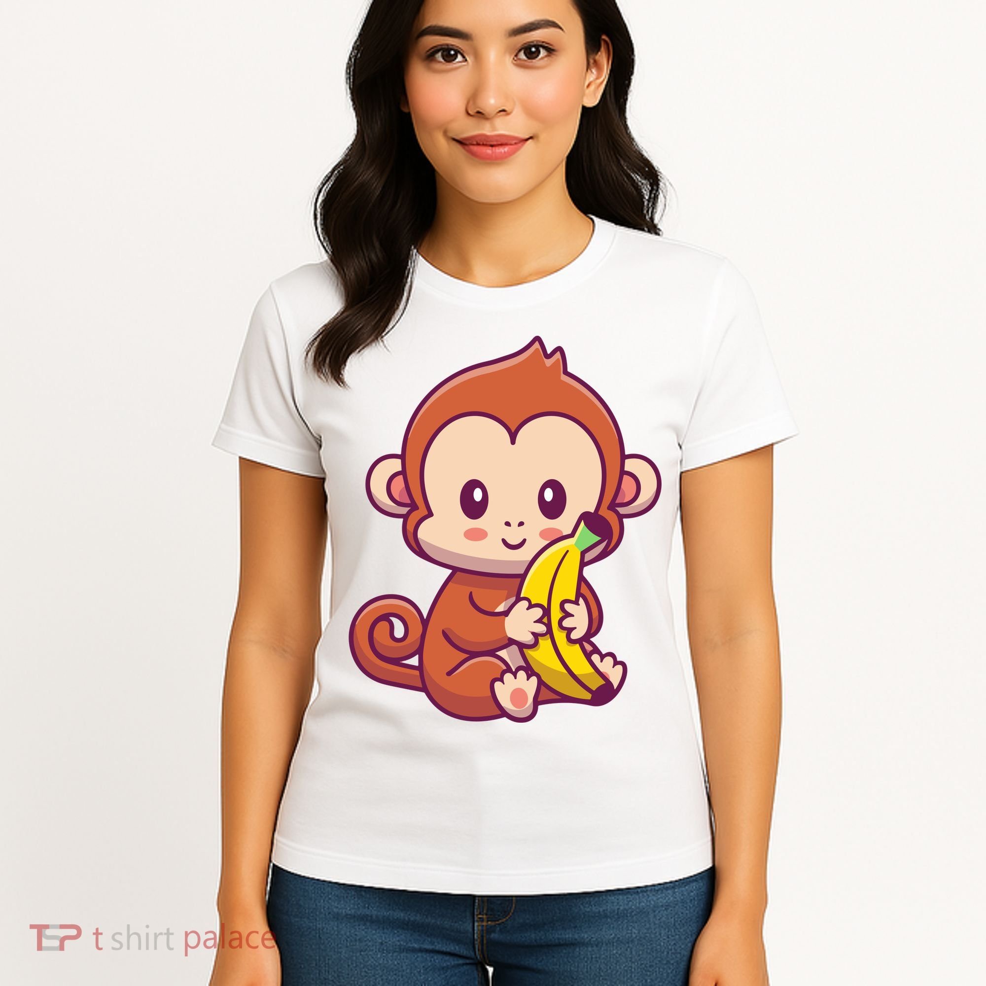 Cute Monkey Holding Banana Cartoon Women's T-Shirt
