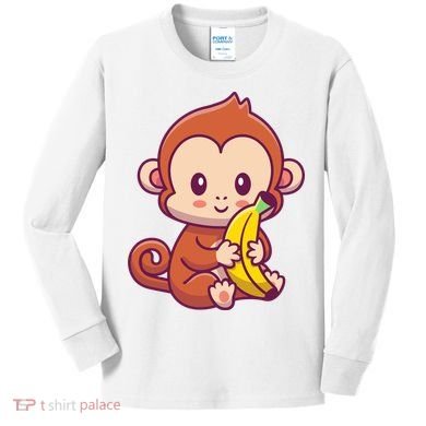 Cute Monkey Holding Banana Cartoon Kids Long Sleeve Shirt