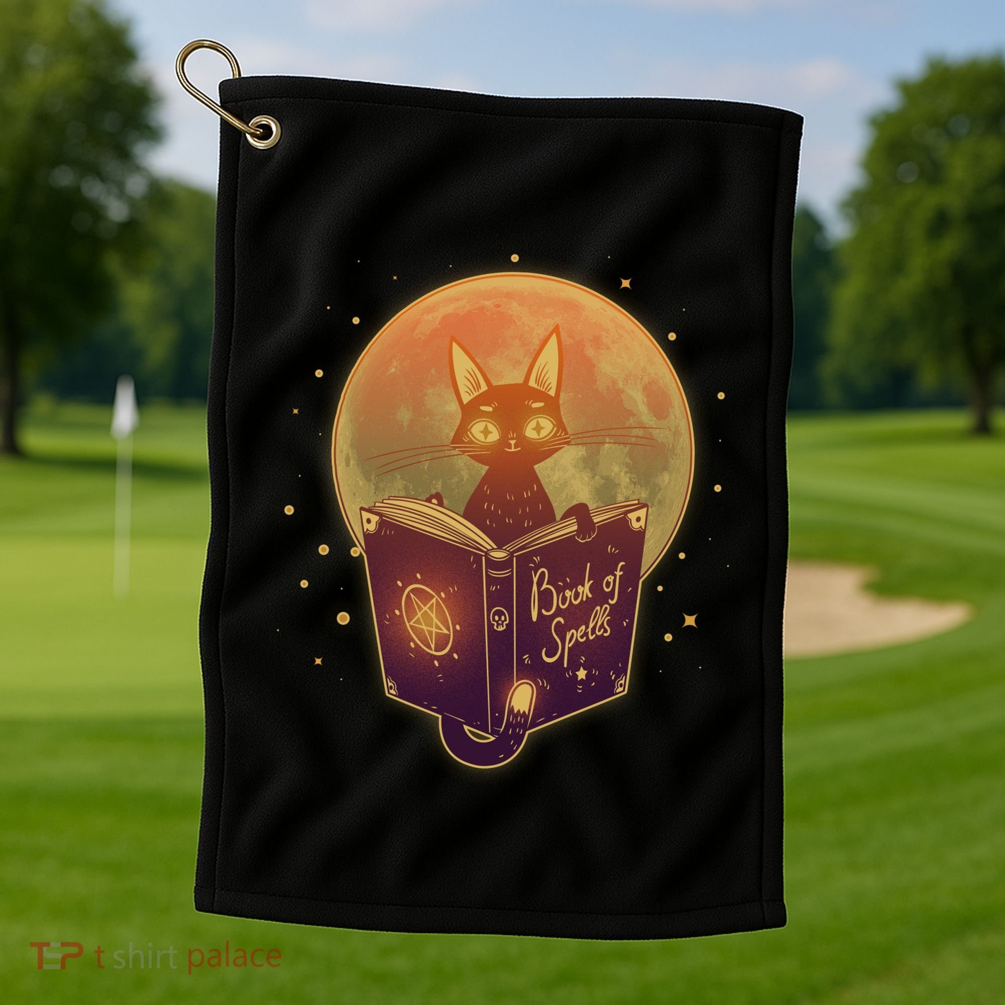 Cute Mystical Halloween Book Of Spells Cat Golf Towel