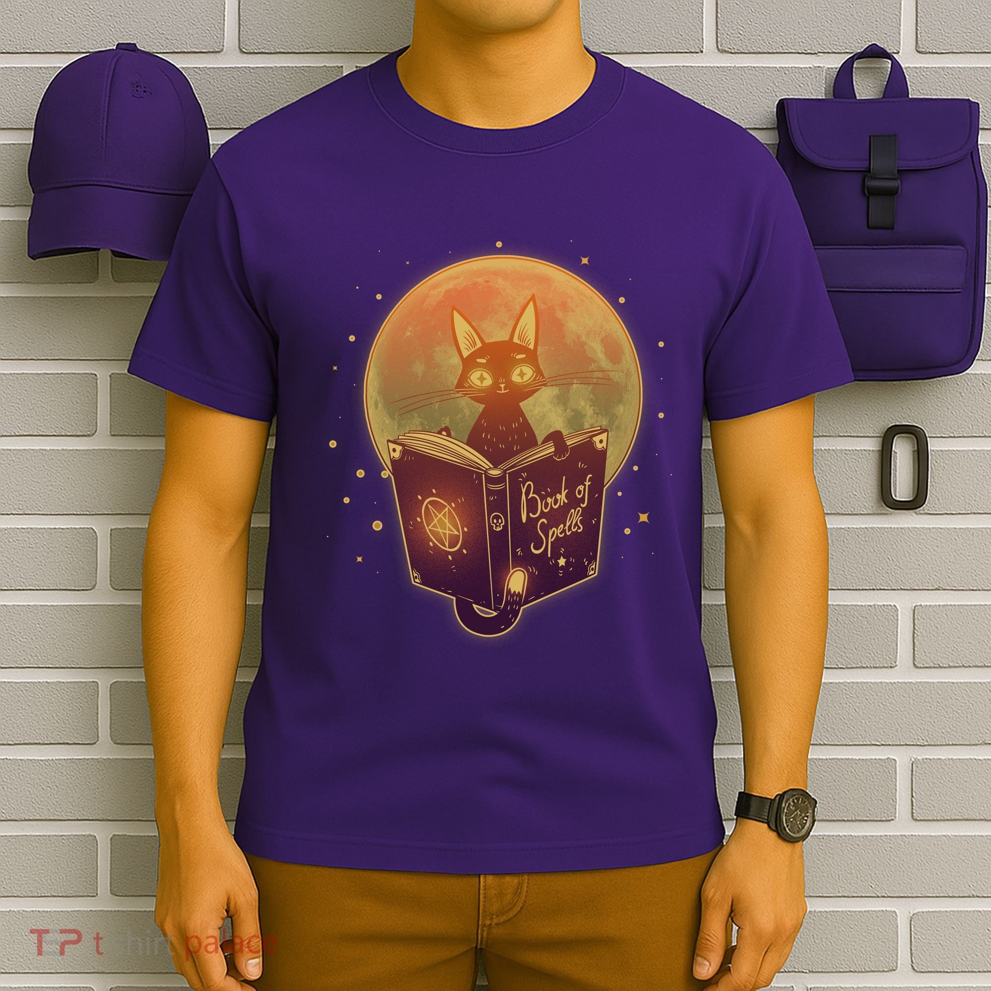 Cute Mystical Halloween Book Of Spells Cat T-Shirt