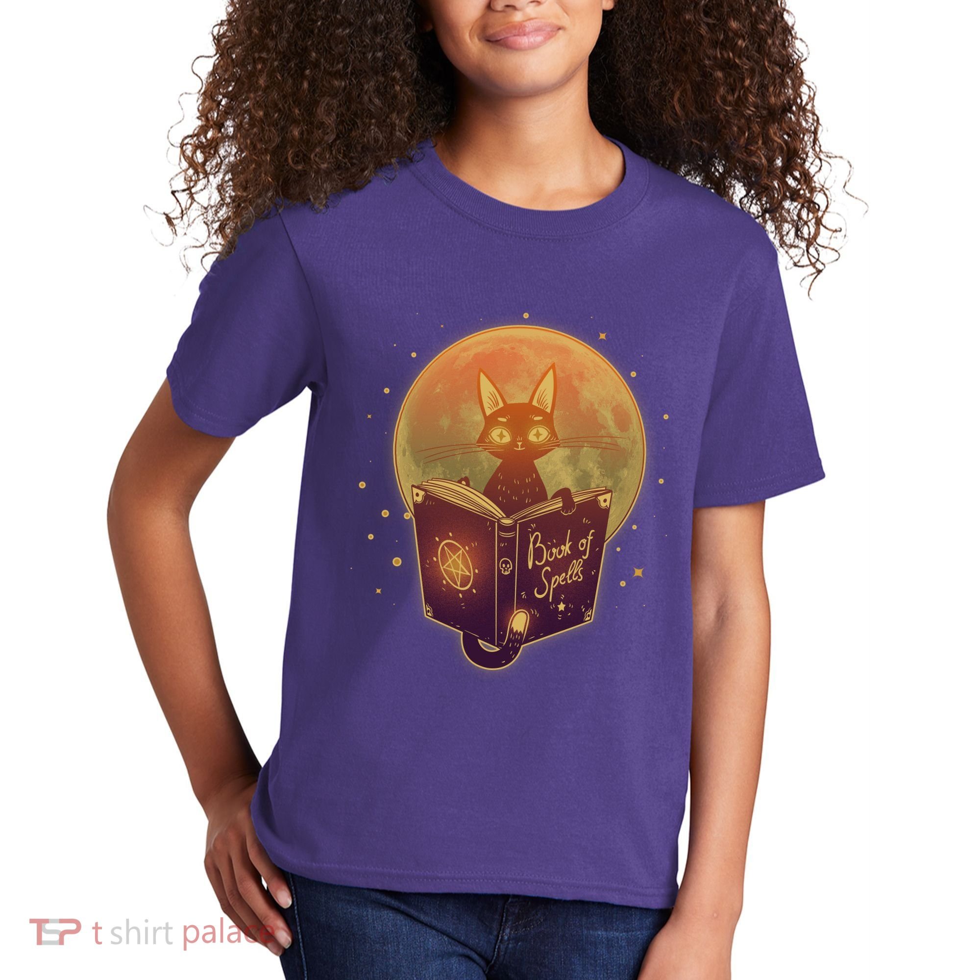 Cute Mystical Halloween Book Of Spells Cat Kids T-Shirt