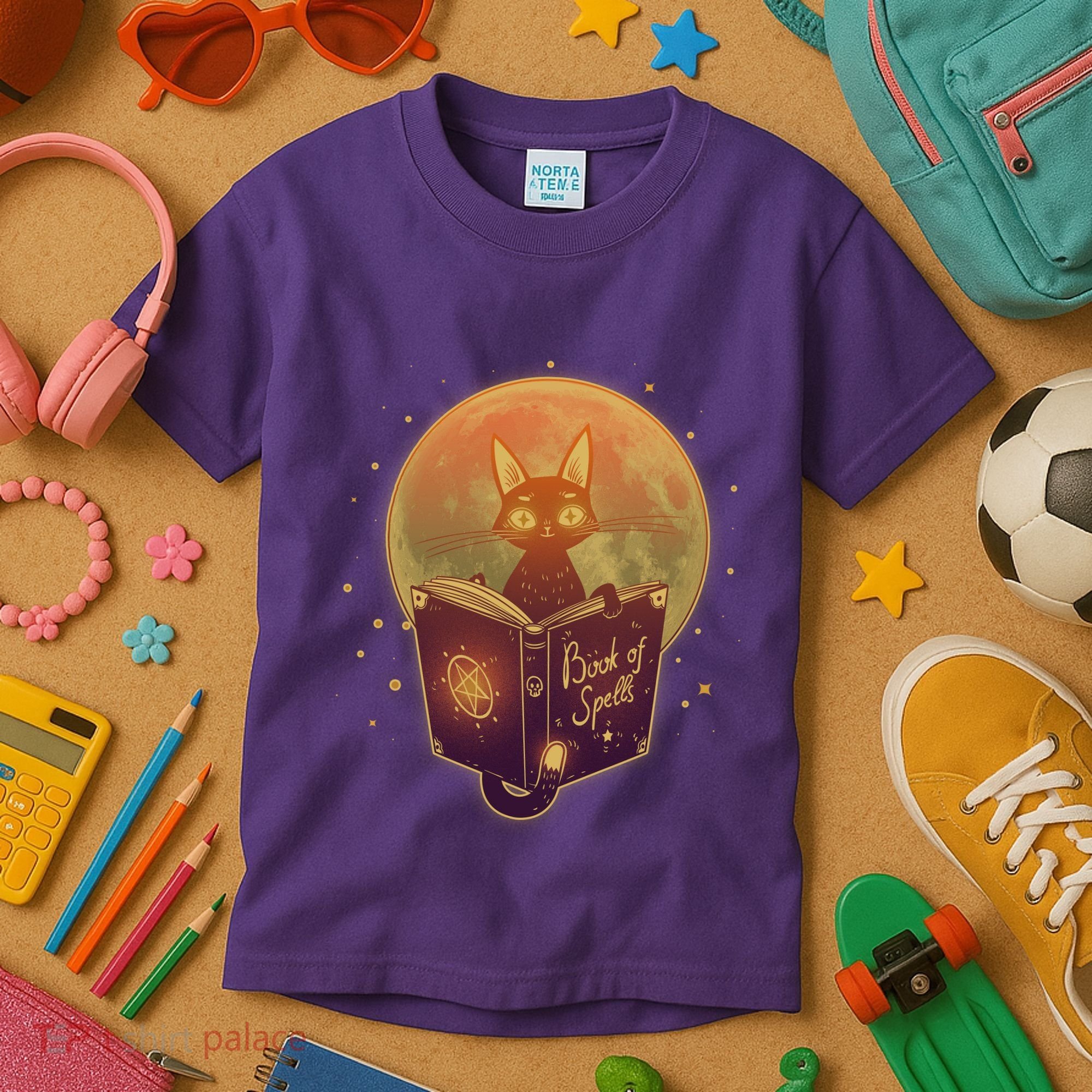 Cute Mystical Halloween Book Of Spells Cat Kids T-Shirt