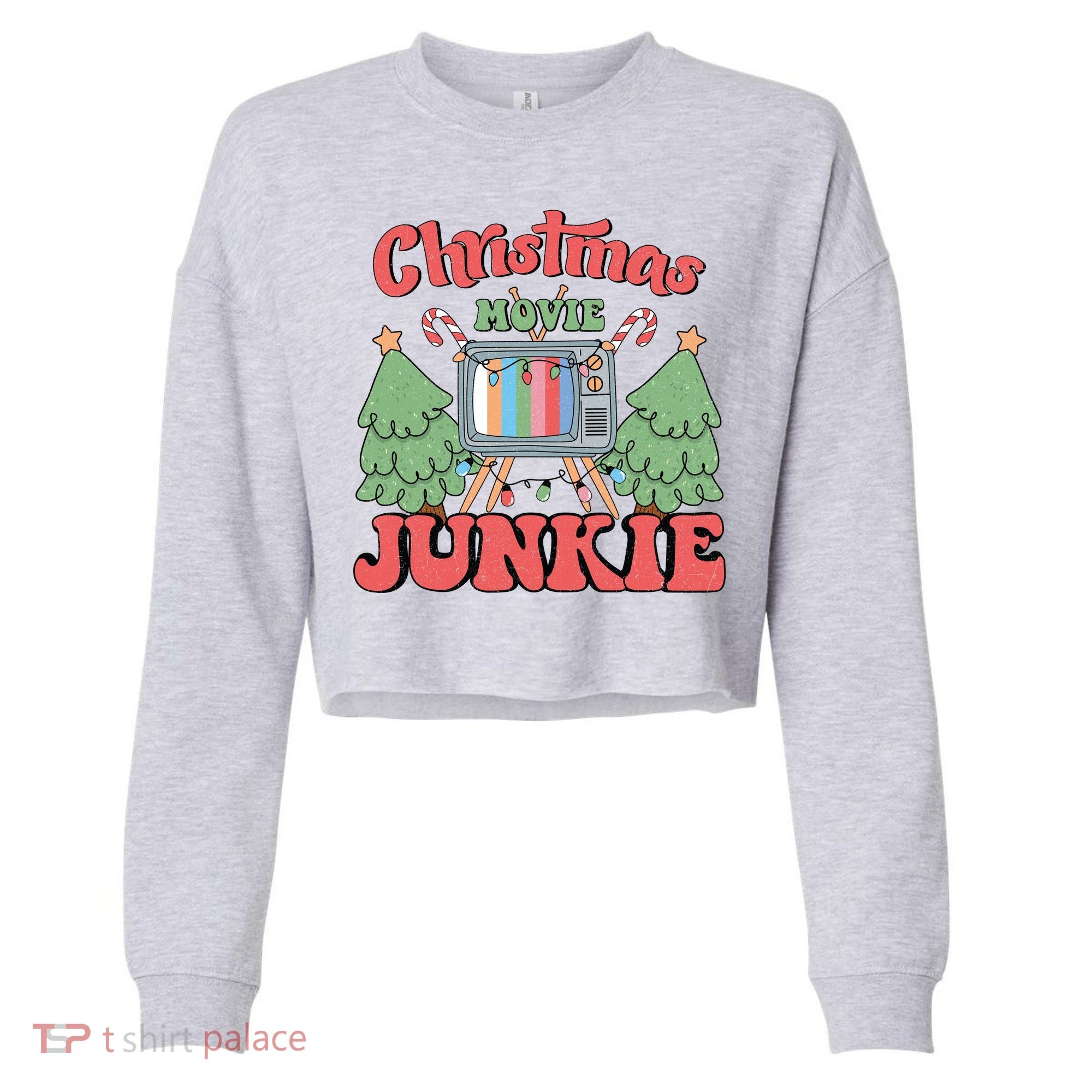 Christmas Movie Junkie Cropped Pullover Crew