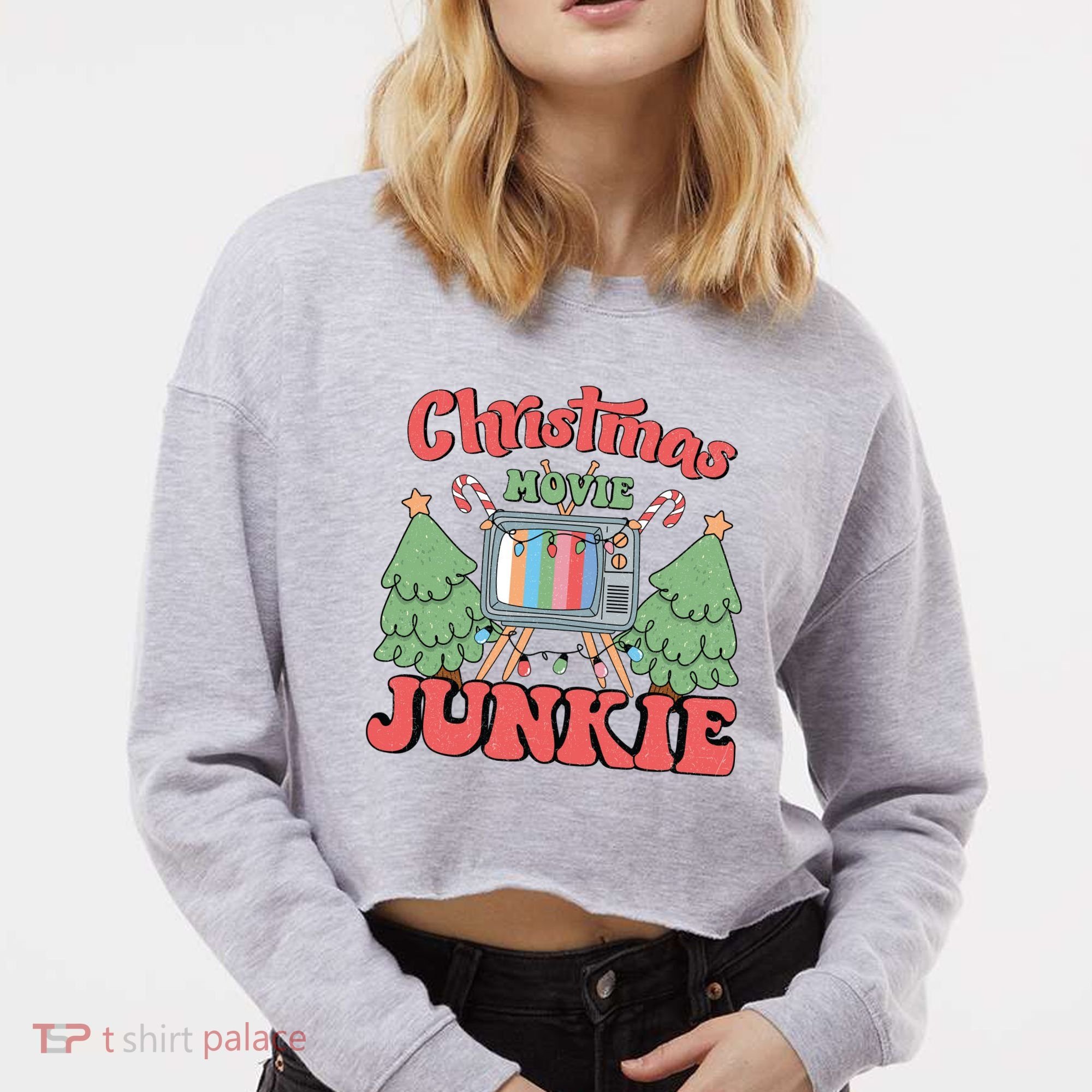 Christmas Movie Junkie Cropped Pullover Crew
