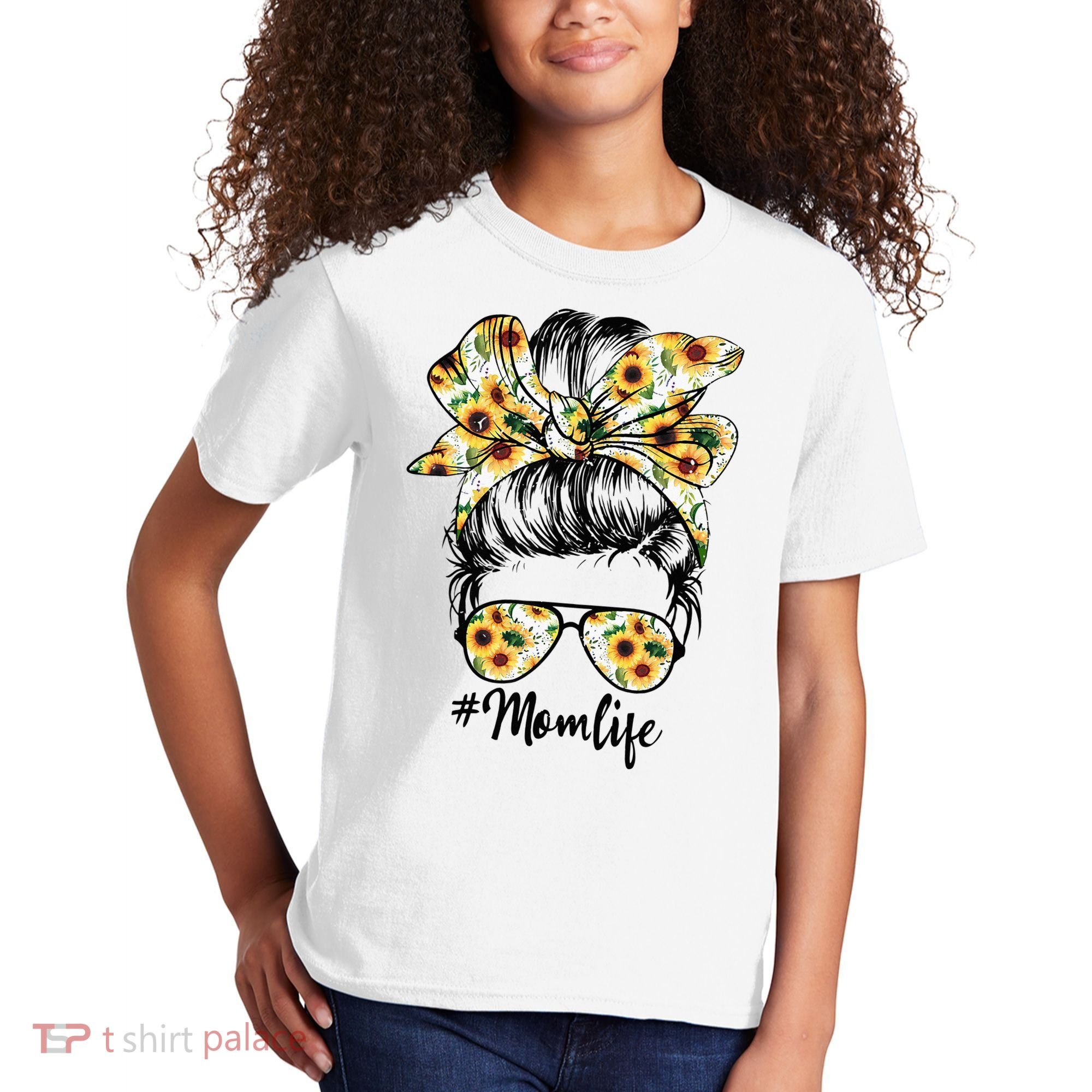 Cute Mom  Life Sunflower Messy Bun Mother's Day Kids T-Shirt