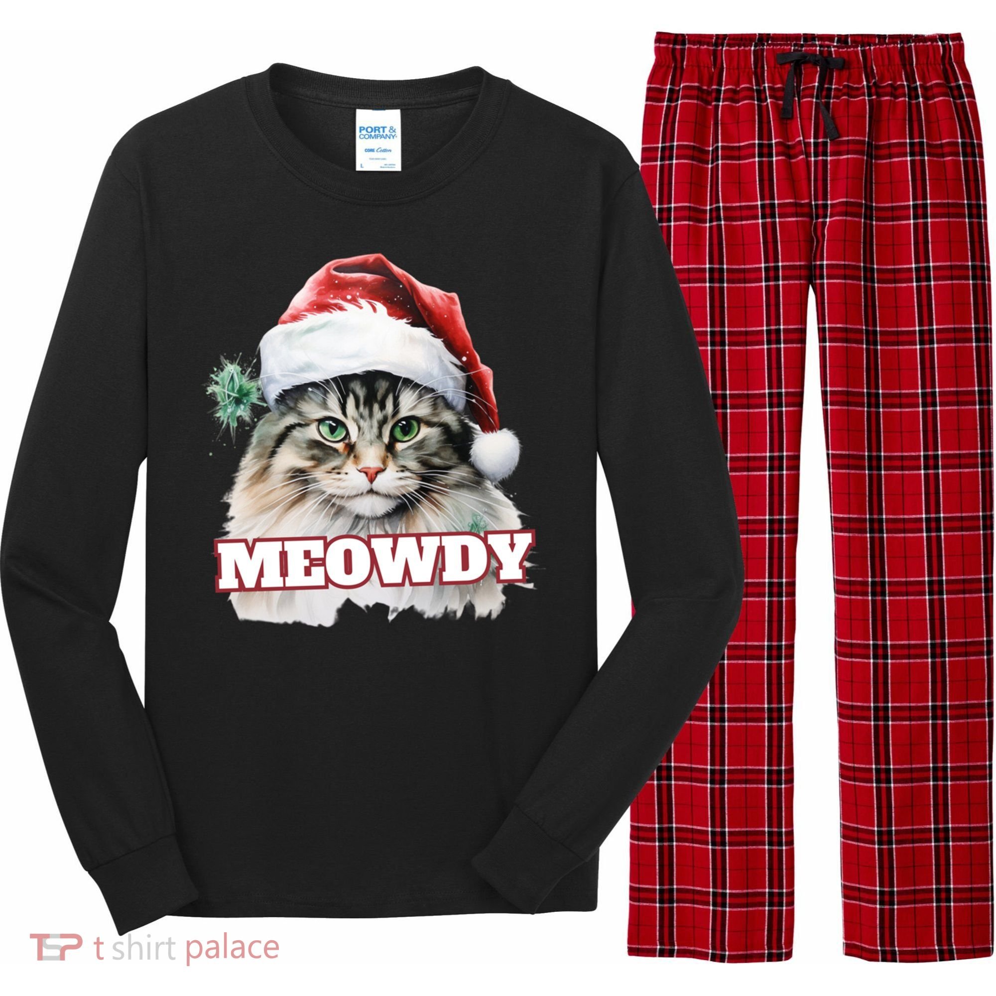 Cat Meme Meowdy Funny Mashup Meow Howdy Christmas Santa Hat Cool Gift Long Sleeve Pajama Set