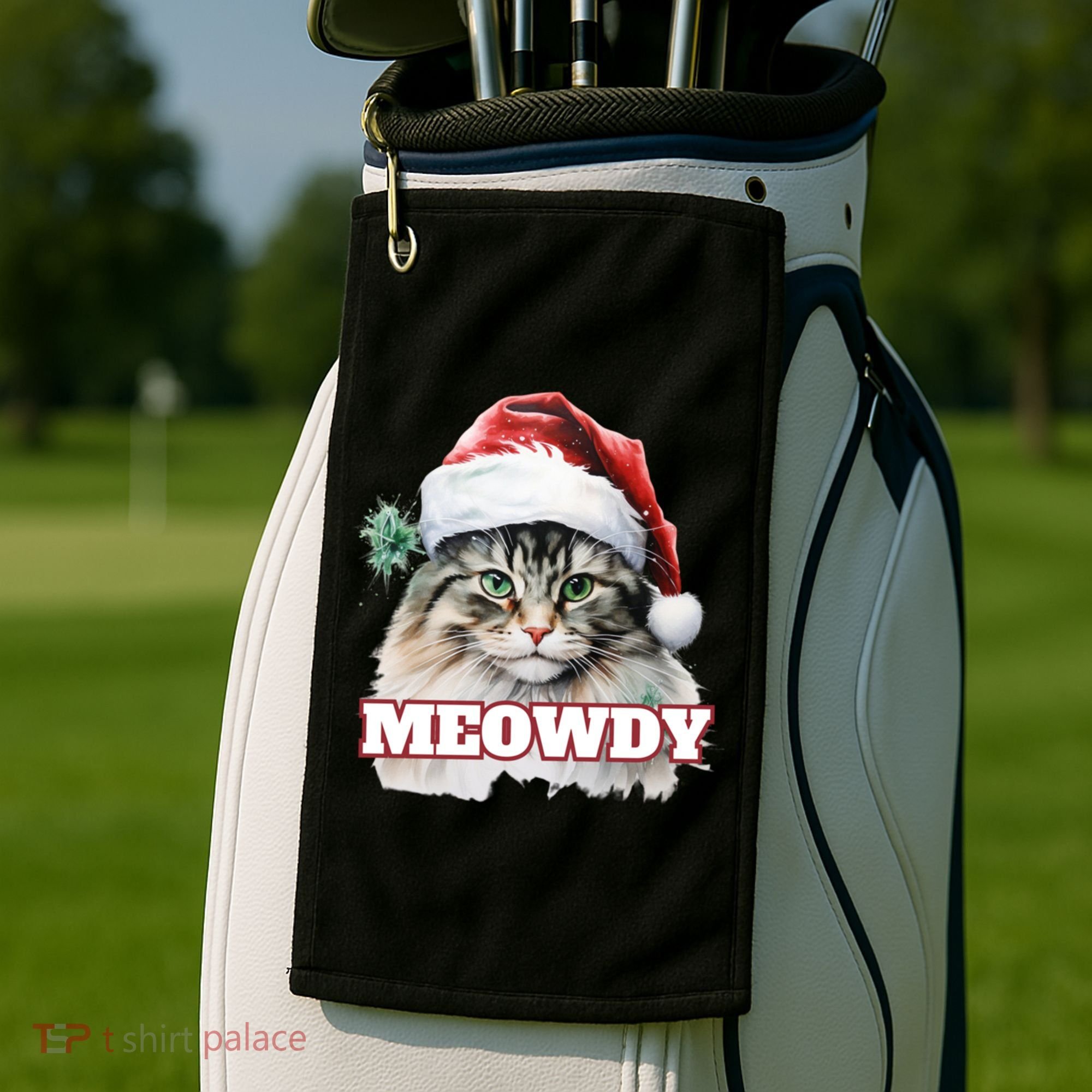 Cat Meme Meowdy Funny Mashup Meow Howdy Christmas Santa Hat Cool Gift Golf Towel
