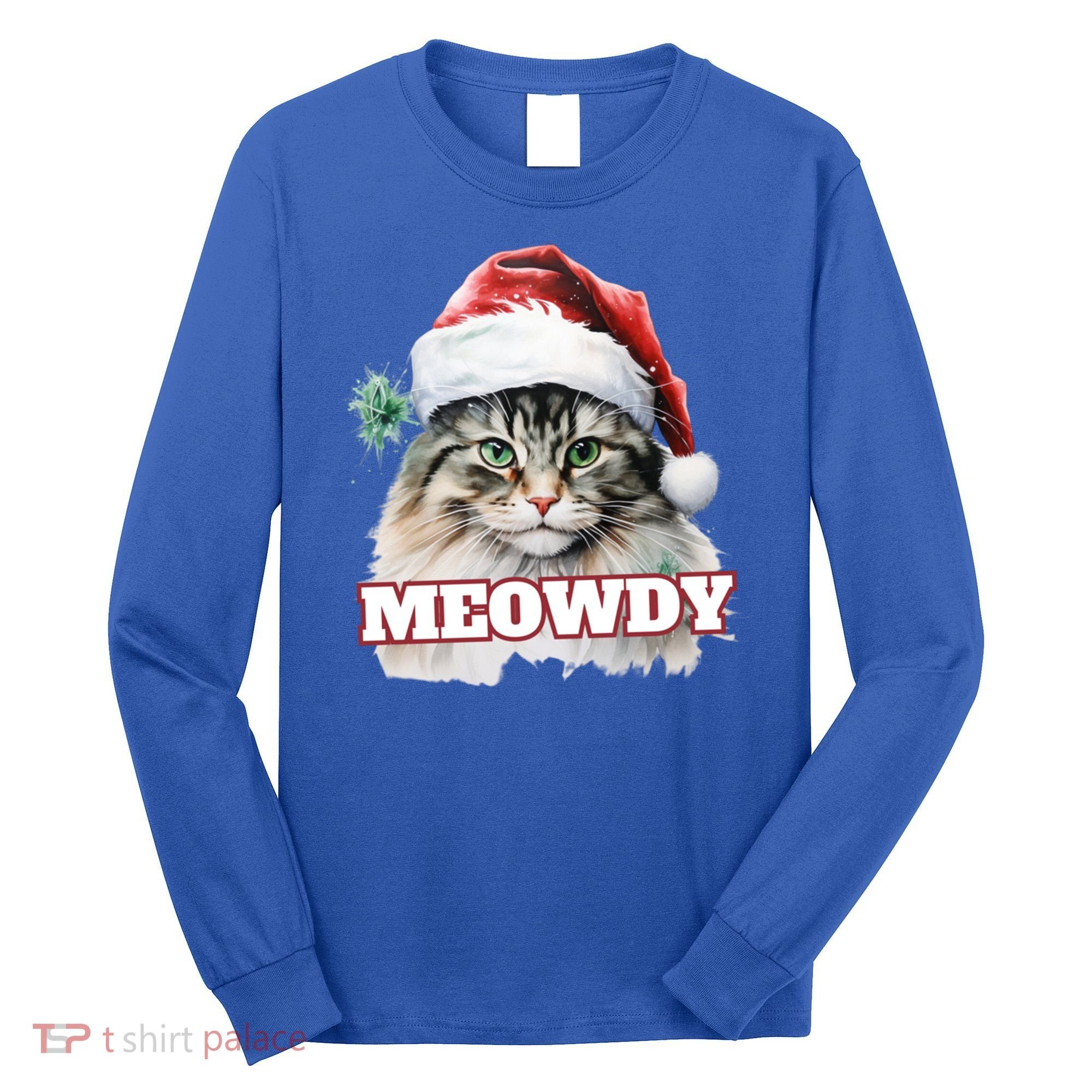 Cat Meme Meowdy Funny Mashup Meow Howdy Christmas Santa Hat Cool Gift Long Sleeve Shirt