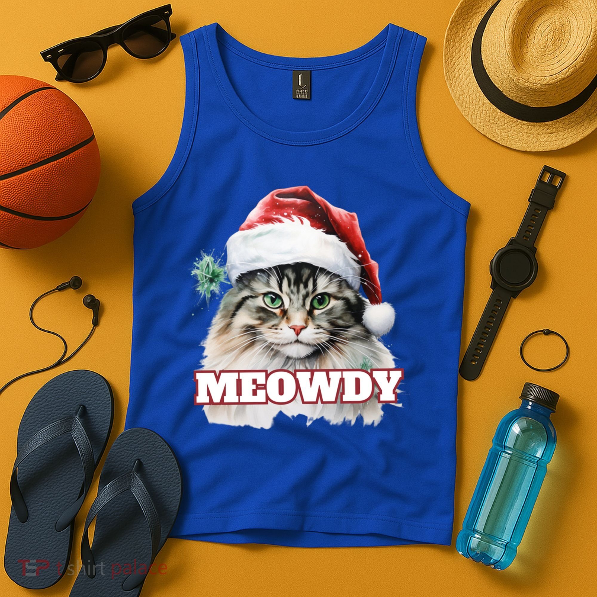 Cat Meme Meowdy Funny Mashup Meow Howdy Christmas Santa Hat Cool Gift Tank Top