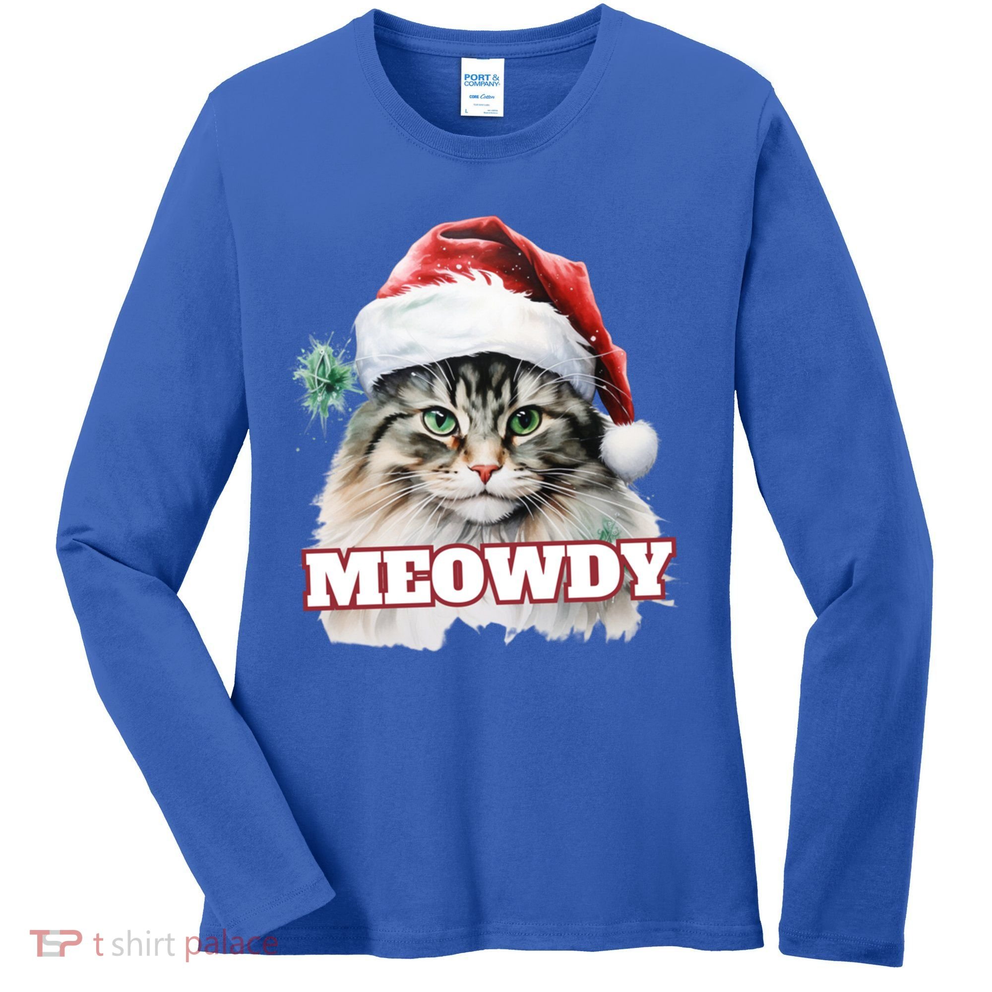 Cat Meme Meowdy Funny Mashup Meow Howdy Christmas Santa Hat Cool Gift Women's Long Sleeve Shirt