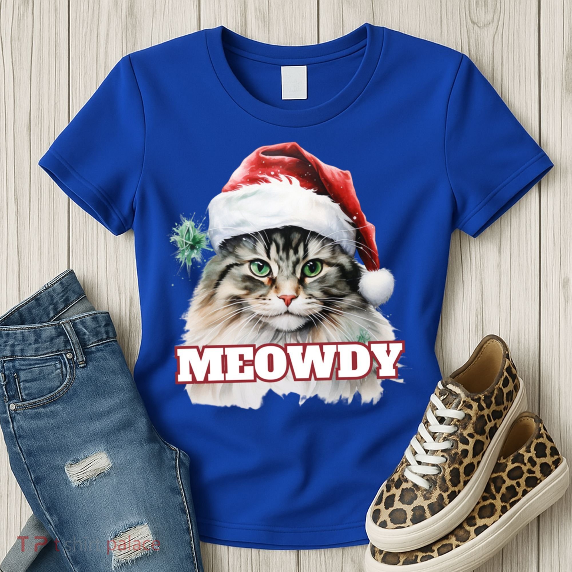 Cat Meme Meowdy Funny Mashup Meow Howdy Christmas Santa Hat Cool Gift Women's T-Shirt