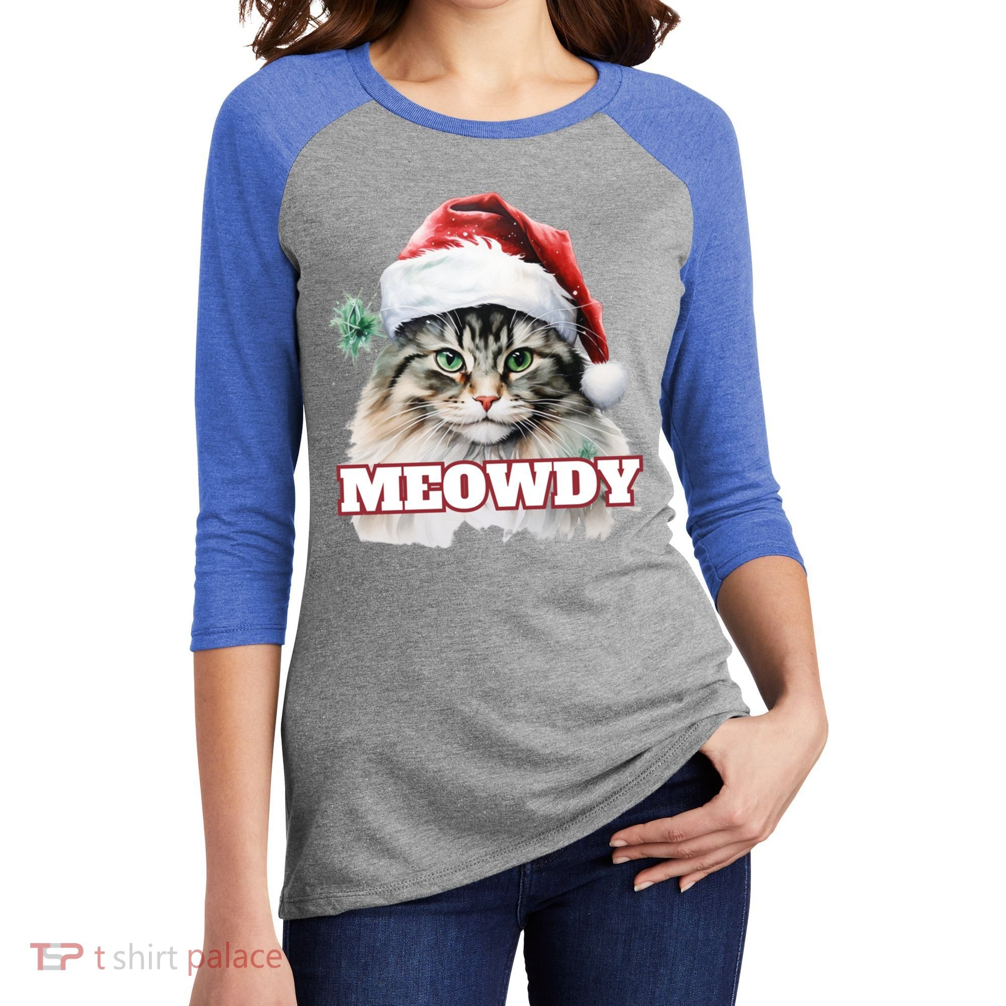 Cat Meme Meowdy Funny Mashup Meow Howdy Christmas Santa Hat Cool Gift Women's Tri-Blend 3/4-Sleeve Raglan Shirt