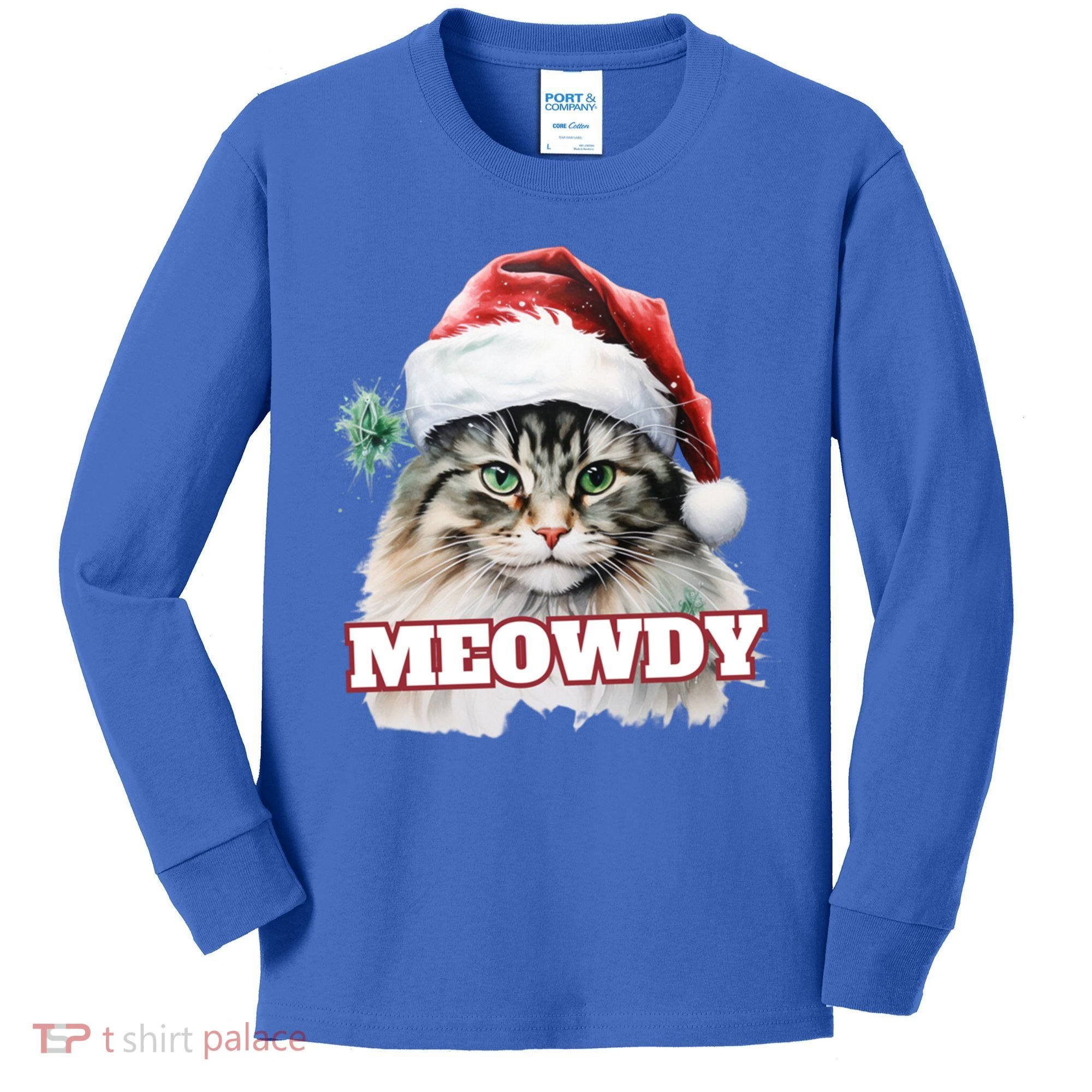 Cat Meme Meowdy Funny Mashup Meow Howdy Christmas Santa Hat Cool Gift Kids Long Sleeve Shirt