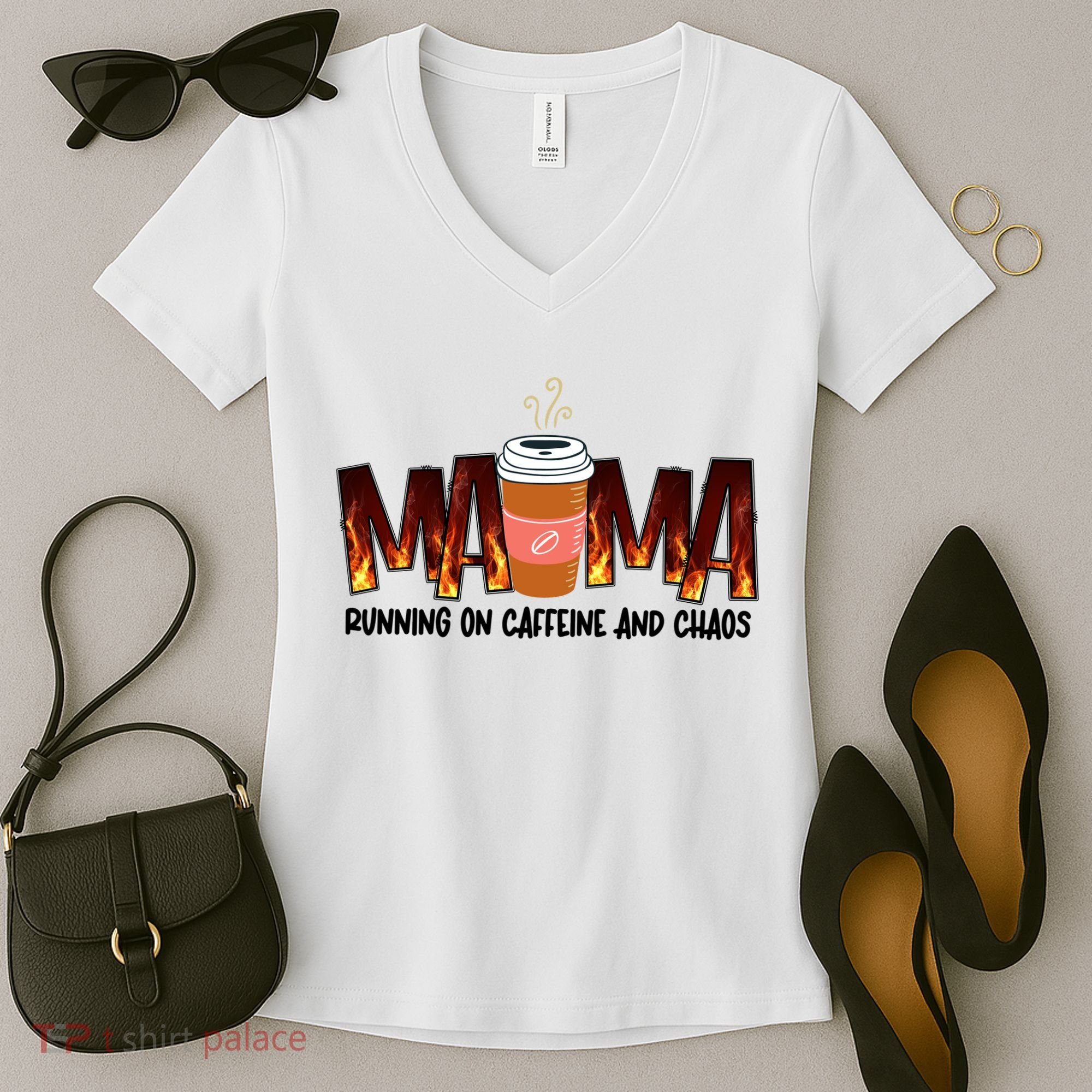 Coffee Mom MAMA Running On Caffeine And Chaos Women's V-Neck T-Shirt