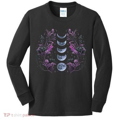 Celestial Moon Phase Boho Wildflowers Zodiac Witchcore Kids Long Sleeve Shirt