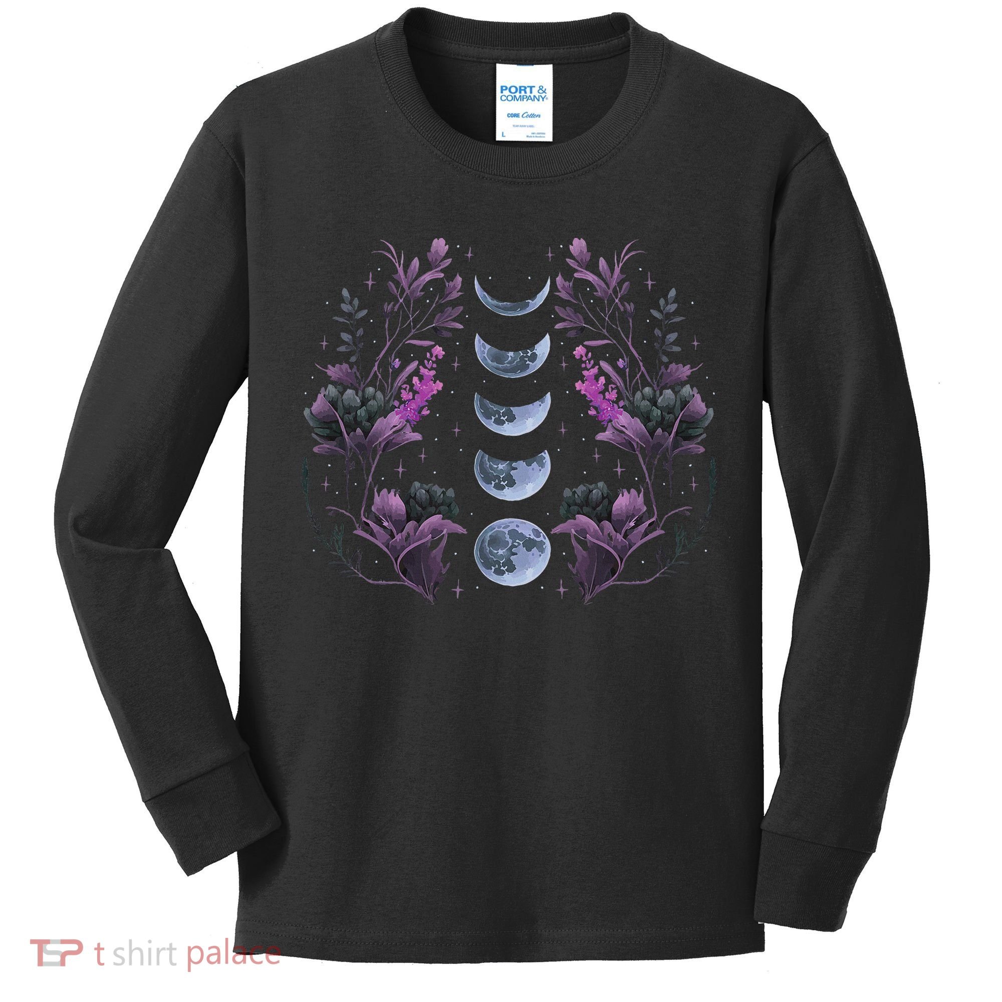 Celestial Moon Phase Boho Wildflowers Zodiac Witchcore Kids Long Sleeve Shirt
