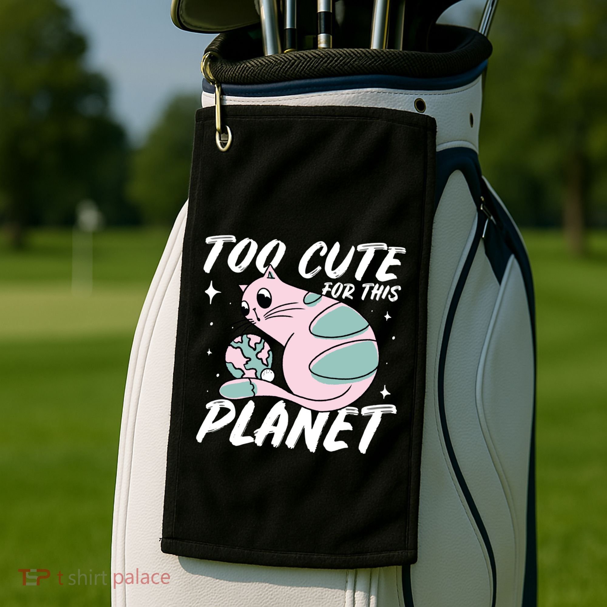 Cat Mom Puns Too Cute For This Planet Earth Astronomy Lover Gift Golf Towel