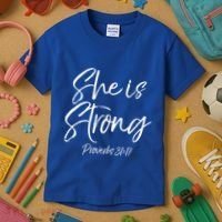 Cute Mom Proverbs 31 Gift She Is Strong Proverbs 31:17 Cool Gift Kids T-Shirt thumb 3