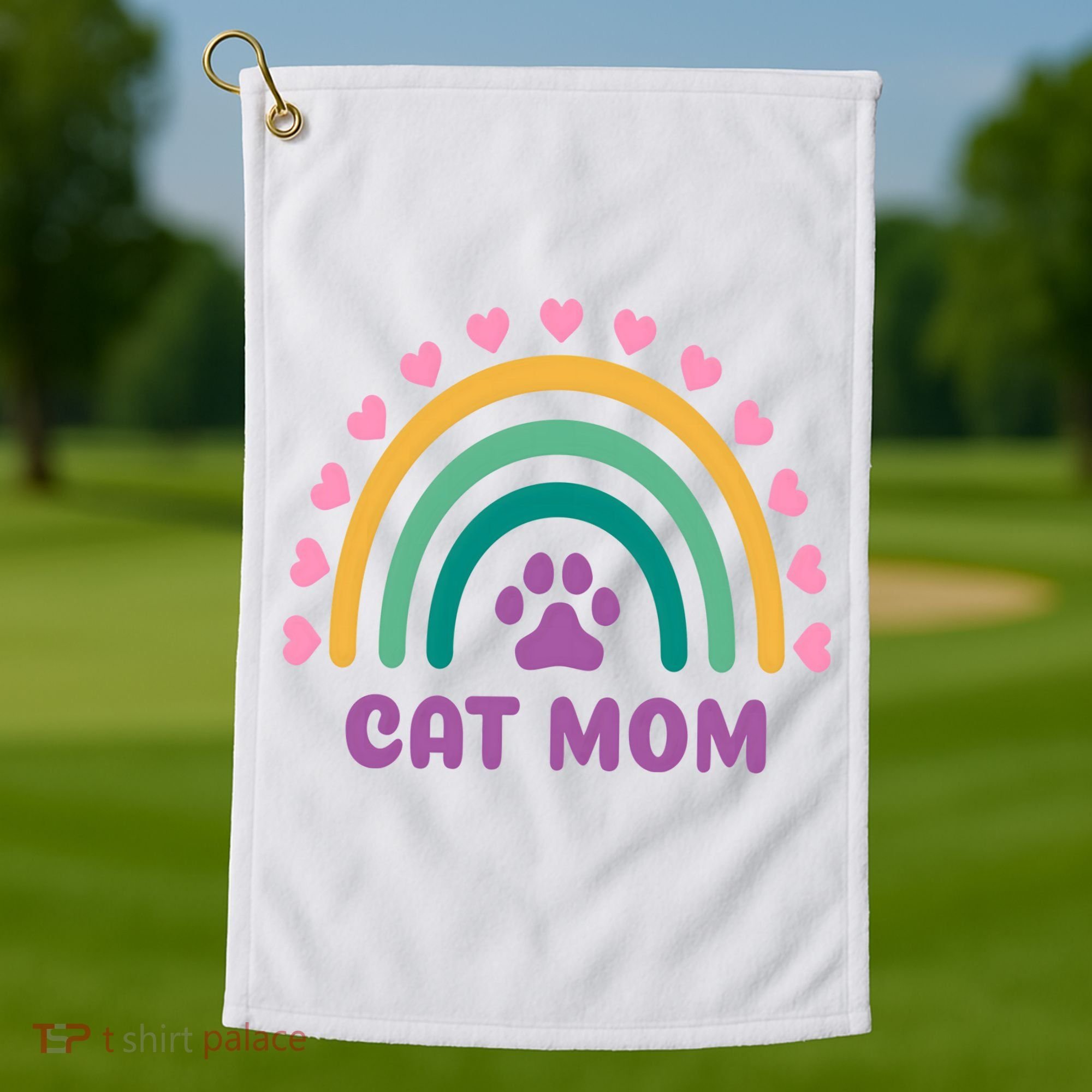 Cat Mom Rainbow Heart Golf Towel