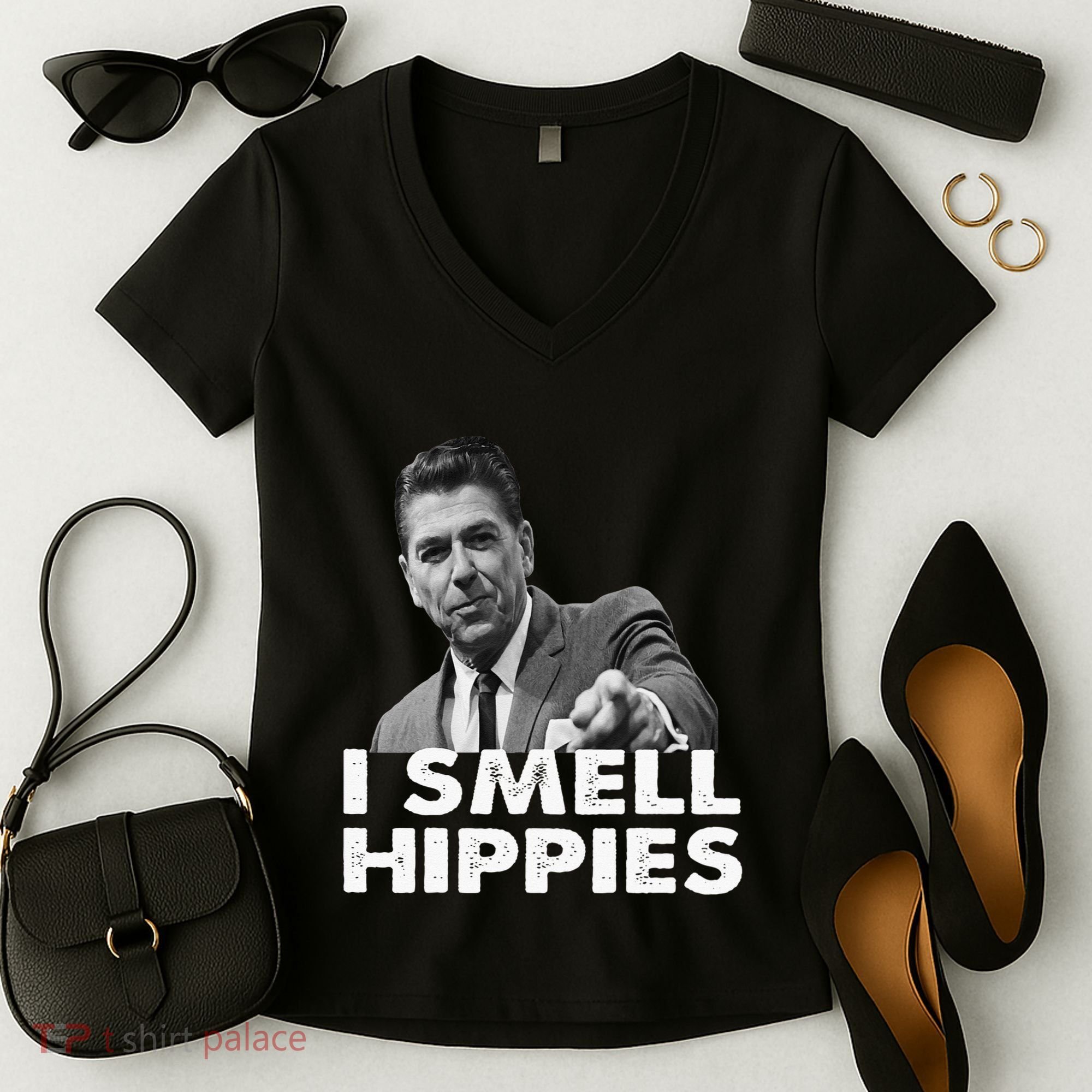 Conservative Merica Ronald Reagan I Smell Hippies Women's V-Neck T-Shirt