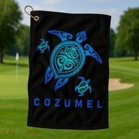 Cozumel Mexico Sea Blue Tribal Turtle Golf Towel thumb 1