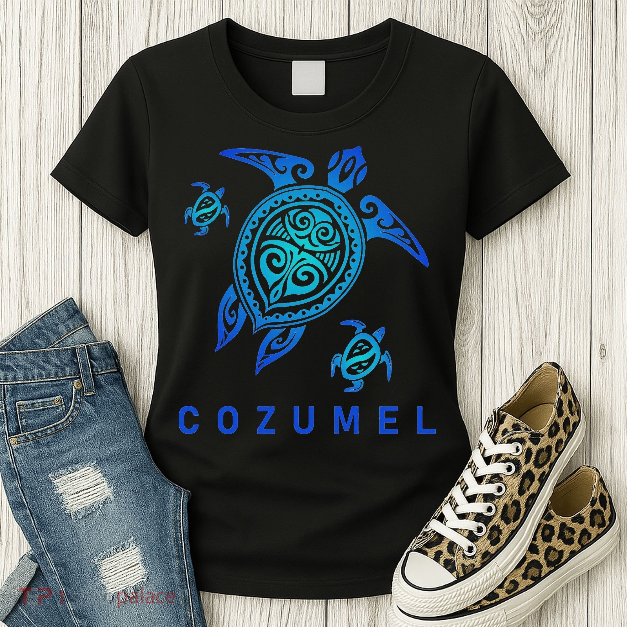 Cozumel Mexico Sea Blue Tribal Turtle Women's T-Shirt