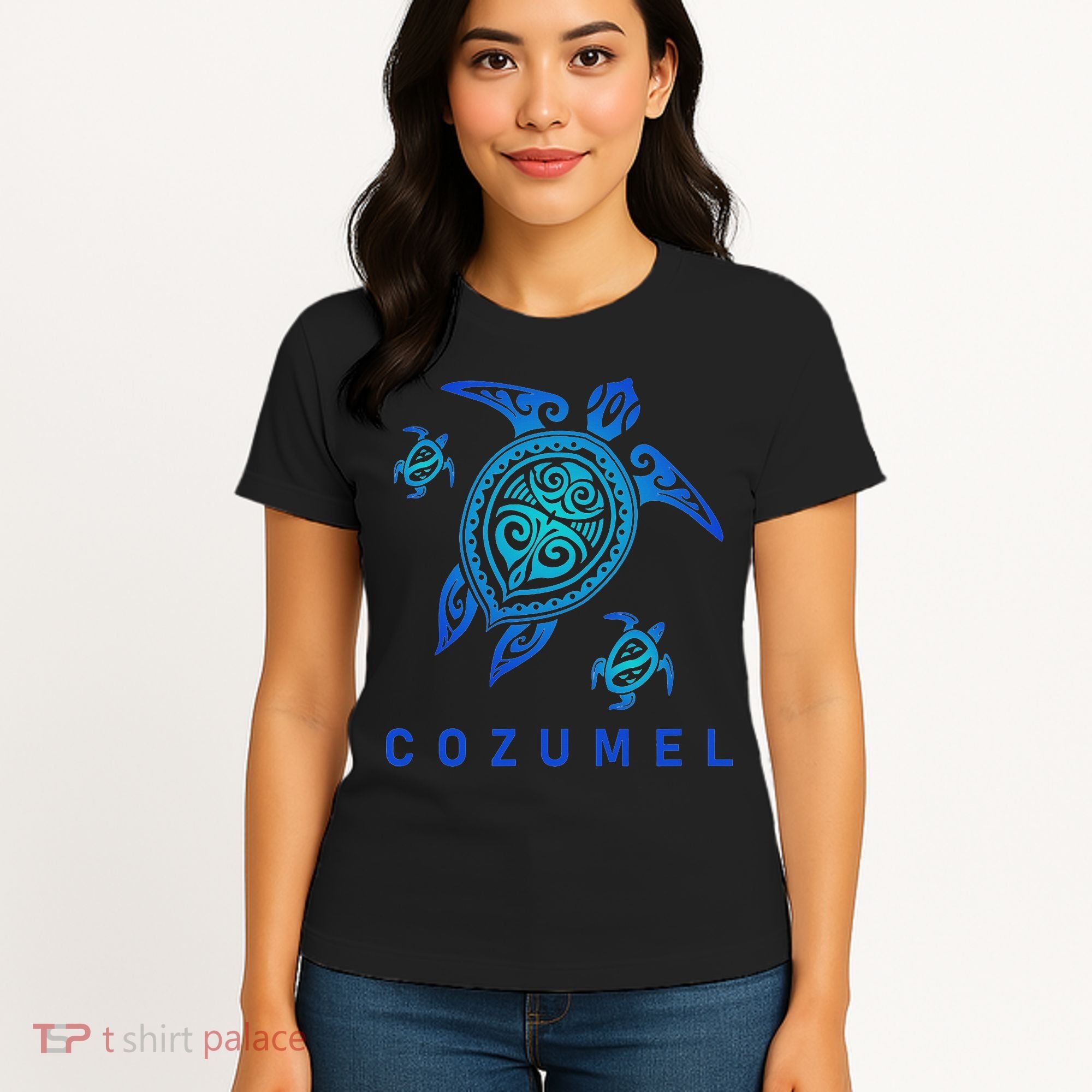 Cozumel Mexico Sea Blue Tribal Turtle Women's T-Shirt