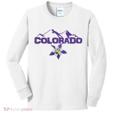 Colorado Mountain Silhouette Columbine State Flower T Kids Long Sleeve Shirt