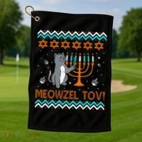Cute Meowzel Tov Black Cat Funny Hanukkah Chanukah Golf Towel thumb 1