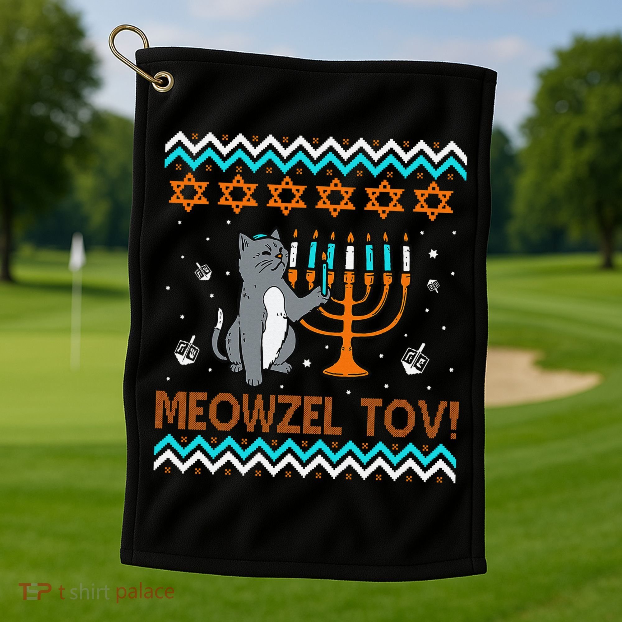 Cute Meowzel Tov Black Cat Funny Hanukkah Chanukah Golf Towel