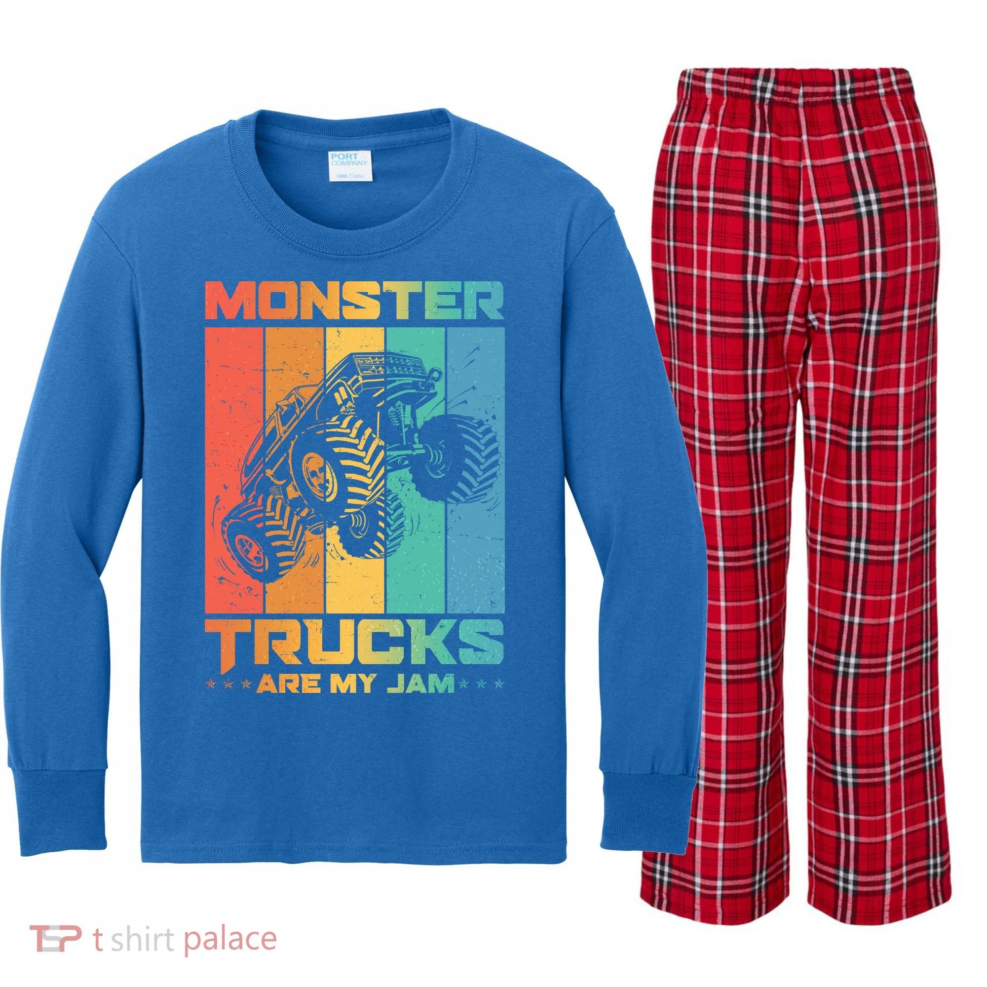 Cool Monster Trucks Are My Jam Kids Long Sleeve Plaid Pajama Set