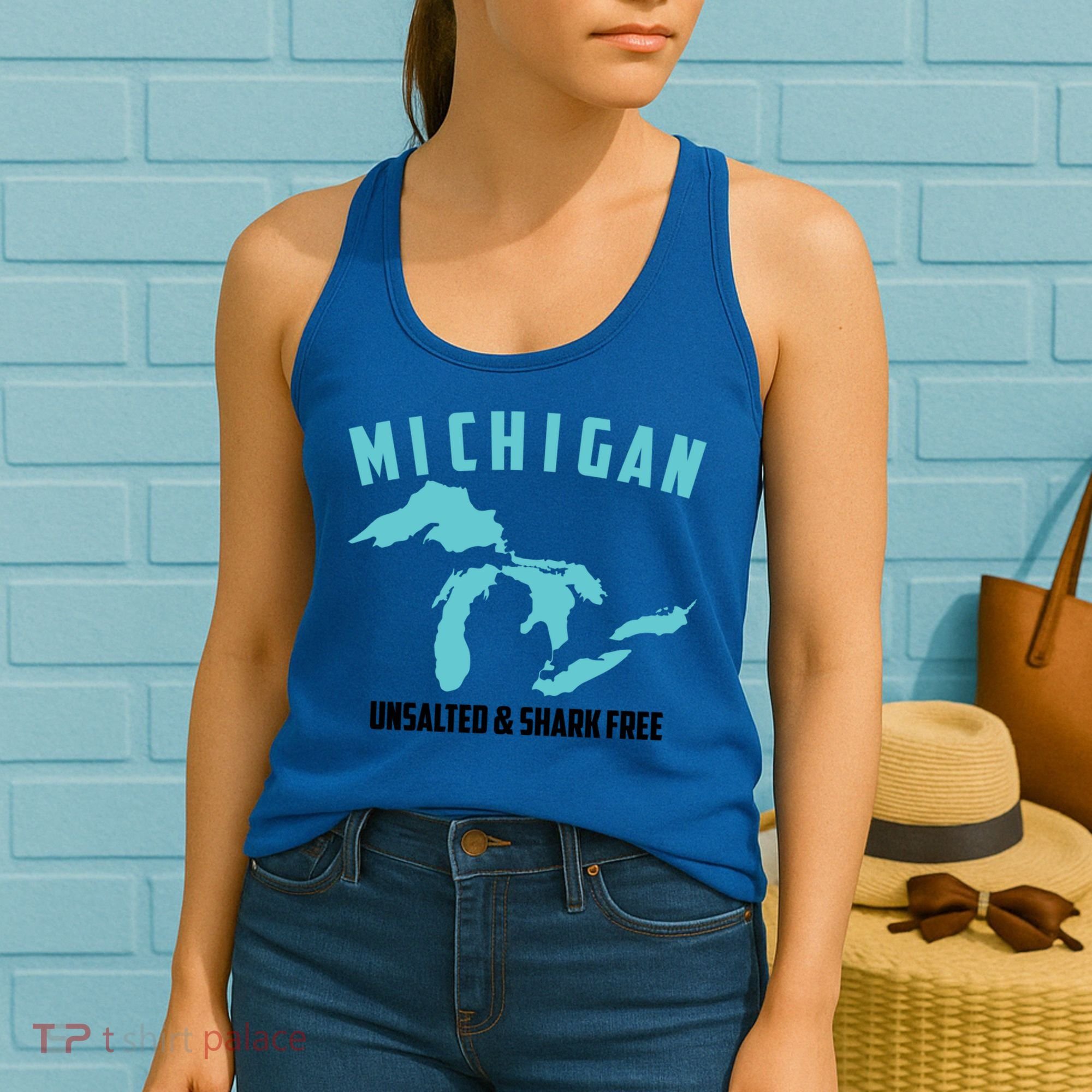 Cool Michigan Unsalted And Shark Free Funny Fisher Gift Women's Tank Top