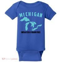 Cool Michigan Unsalted And Shark Free Funny Fisher Gift Baby Bodysuit thumb 0