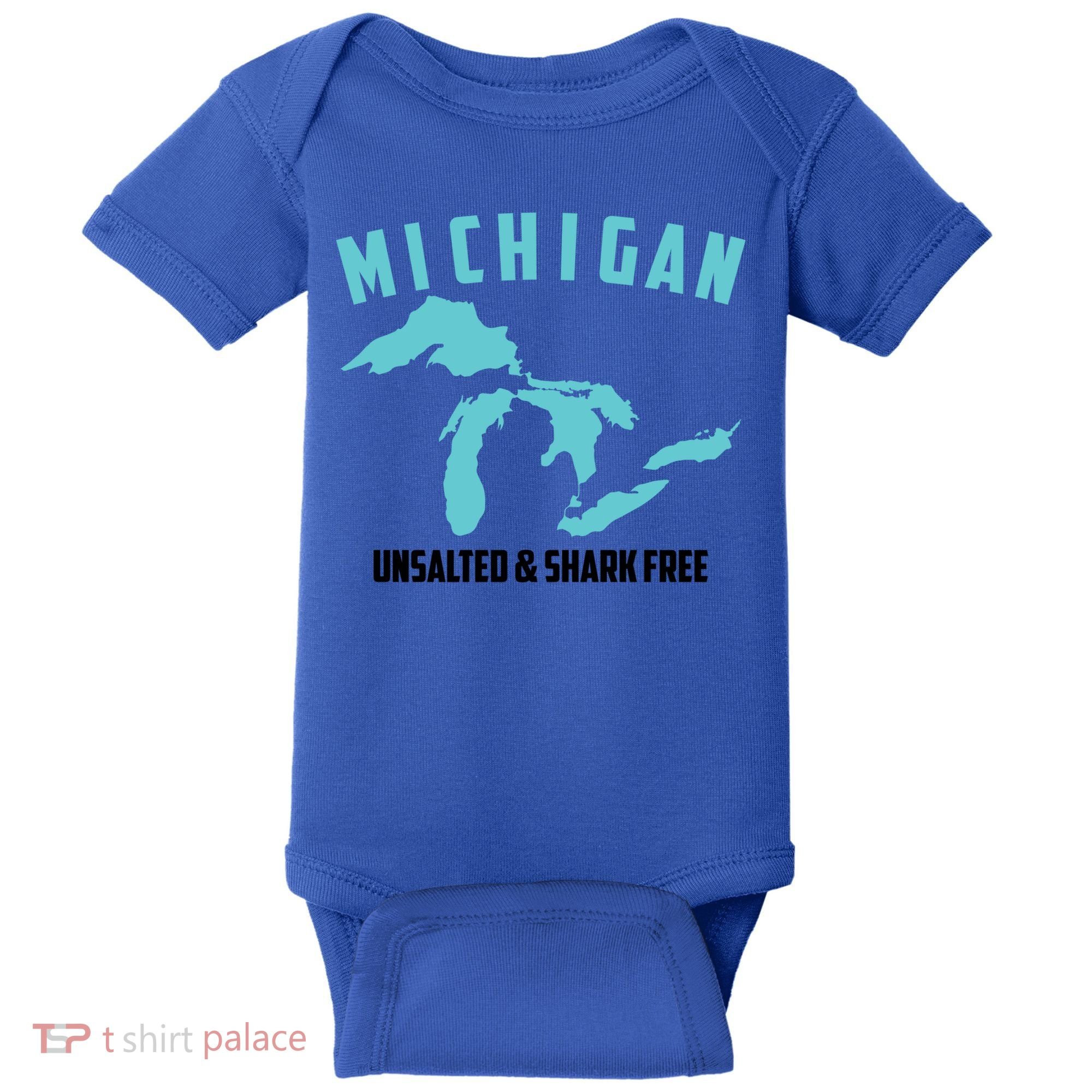 Cool Michigan Unsalted And Shark Free Funny Fisher Gift Baby Bodysuit