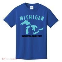 Cool Michigan Unsalted And Shark Free Funny Fisher Gift Kids T-Shirt thumb 0