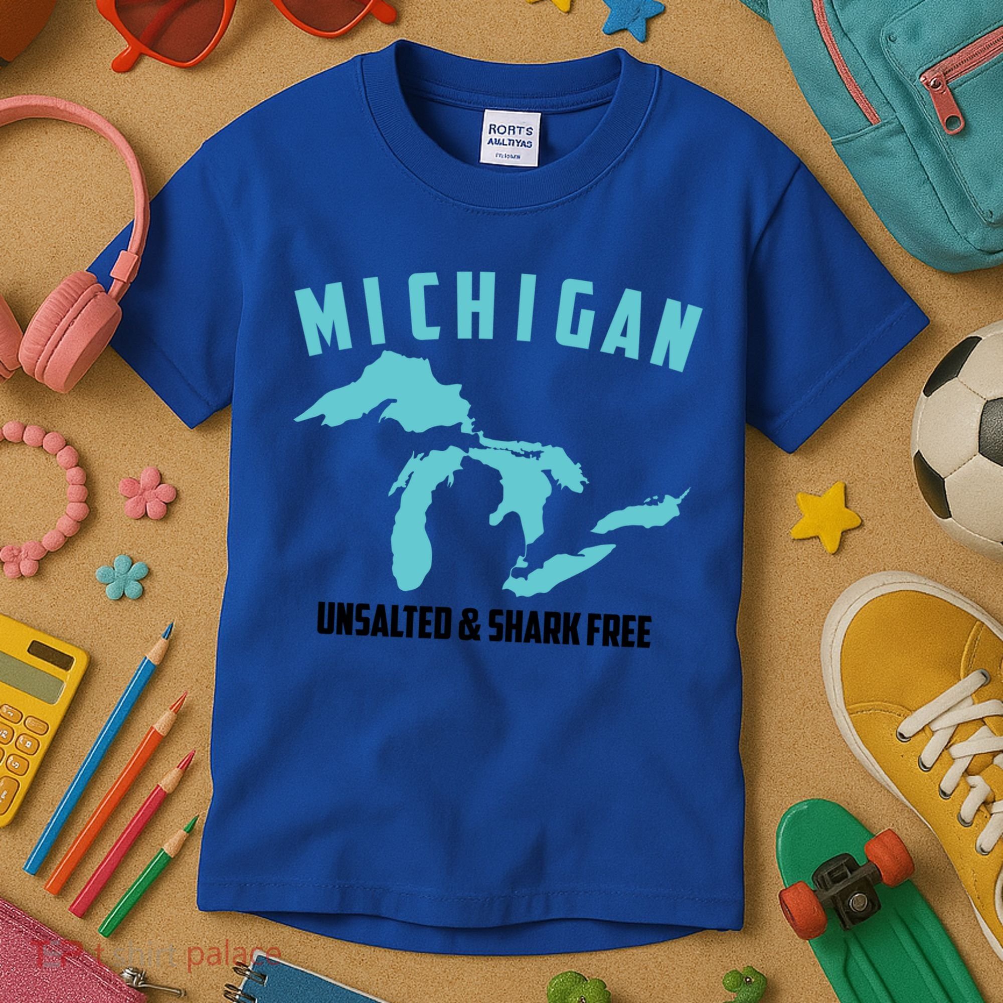 Cool Michigan Unsalted And Shark Free Funny Fisher Gift Kids T-Shirt