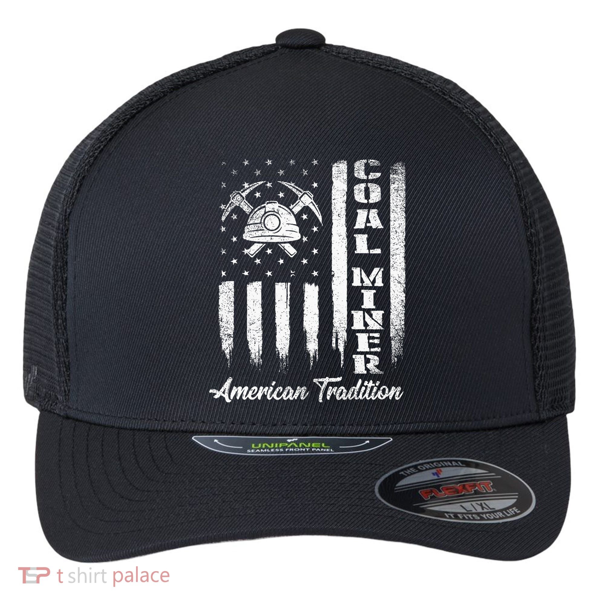 Coal Miner Usa Flag Patriotic Underground Mining Laborer Flexfit Unipanel Trucker Cap