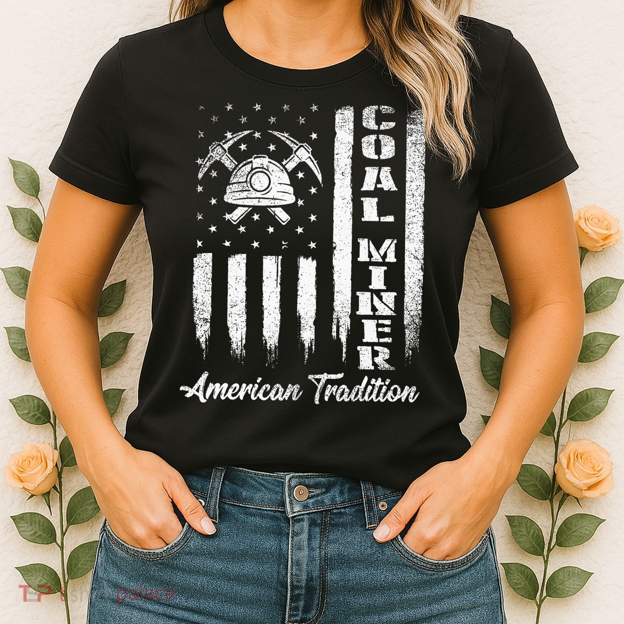 Coal Miner Usa Flag Patriotic Underground Mining Laborer Women's T-Shirt