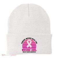 Cancer Messed With The Wrong Girl Breast Cancer Awareness Beanie thumb 0