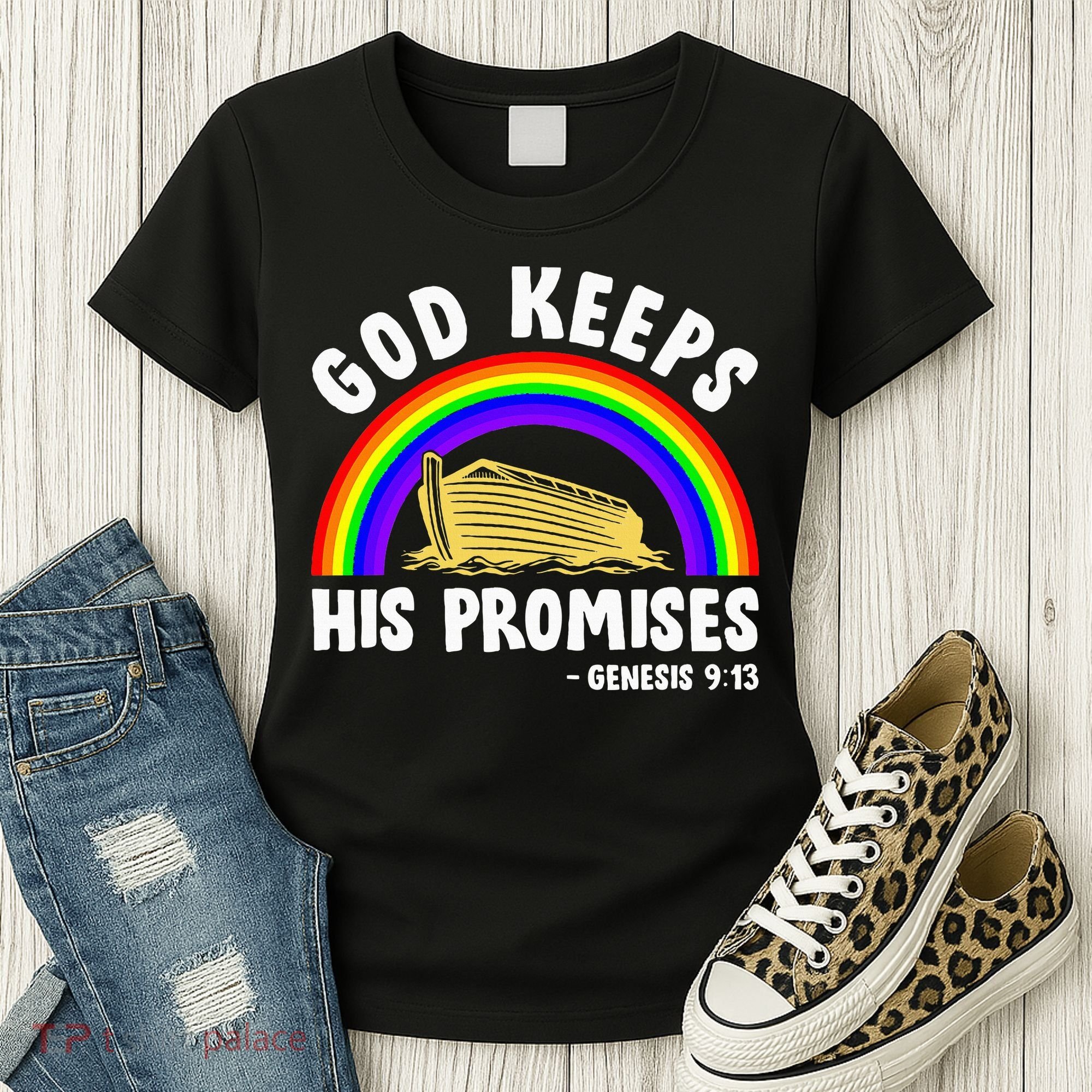 Christian Noah Ark Jesus God Keeps His Promises Rainbow Women's T-Shirt