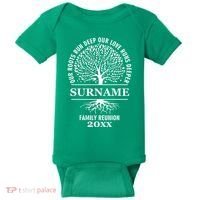Custom Name And Year Family Reunion Our Roots Run Deep Our Love Runs Deeper Baby Bodysuit thumb 0