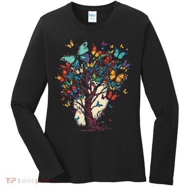 Cute Nature Butterfly Tree Women's Long Sleeve Shirt