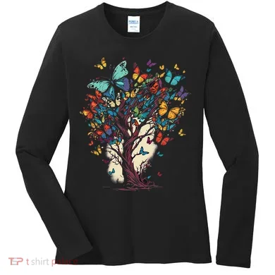 Cute Nature Butterfly Tree Women's Long Sleeve Shirt