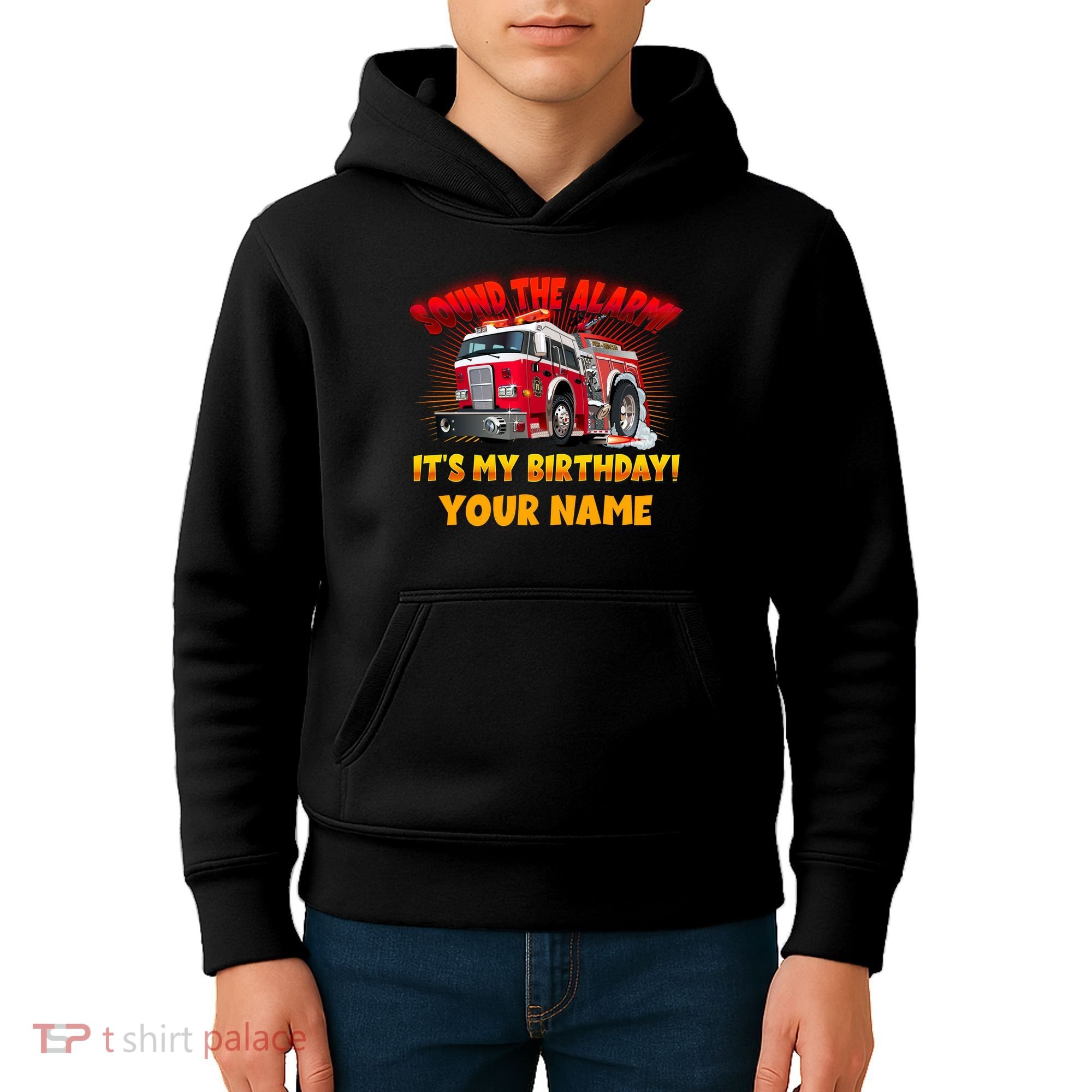 Custom Name Funny Sound The Alarm It's My Birthday Firetruck Kids Hoodie