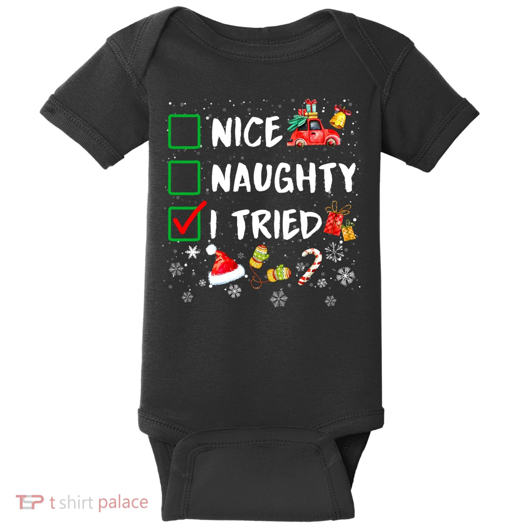Christmas Nice Naughty I Tried Xmas Tree Light Baby Bodysuit