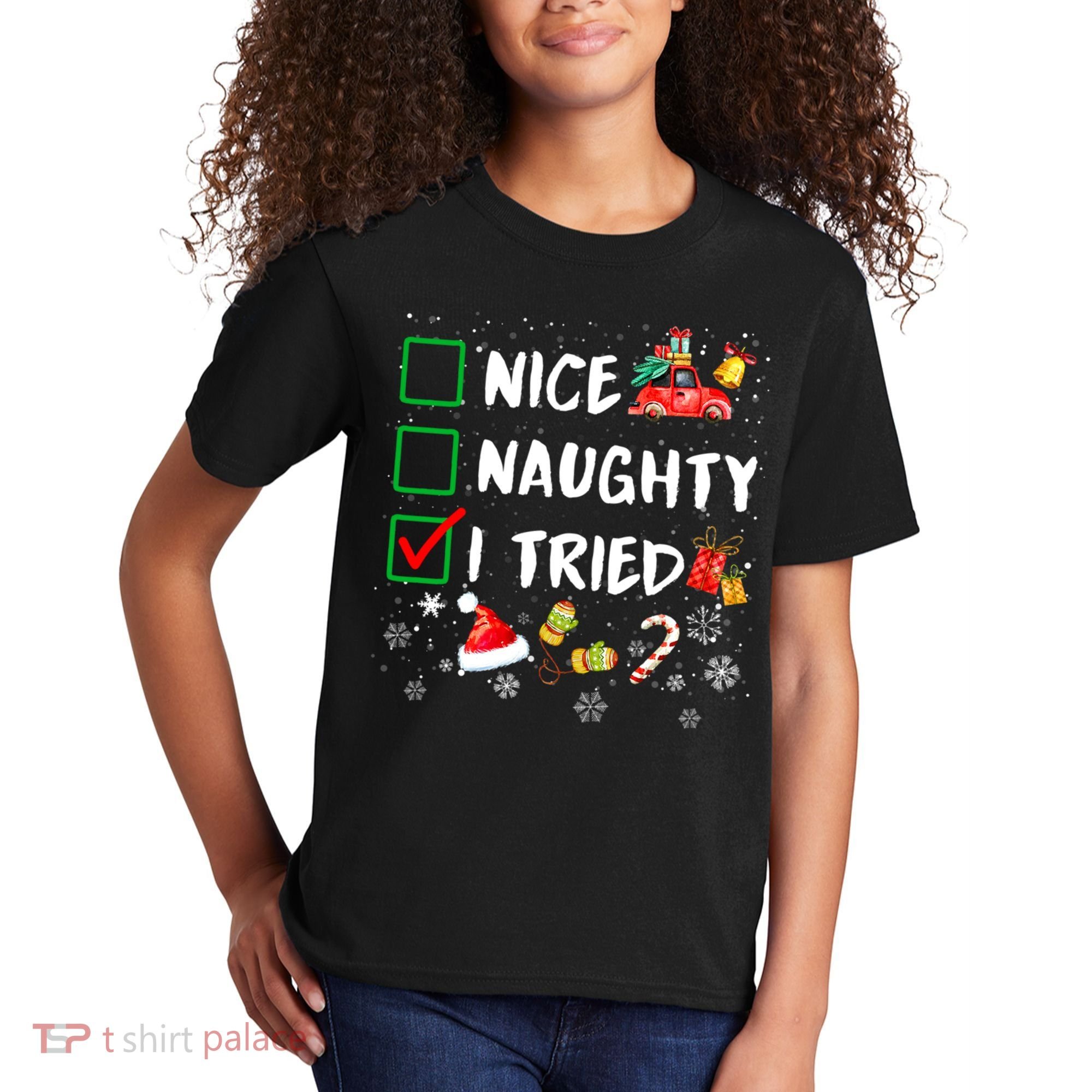 Christmas Nice Naughty I Tried Xmas Tree Light Kids T-Shirt