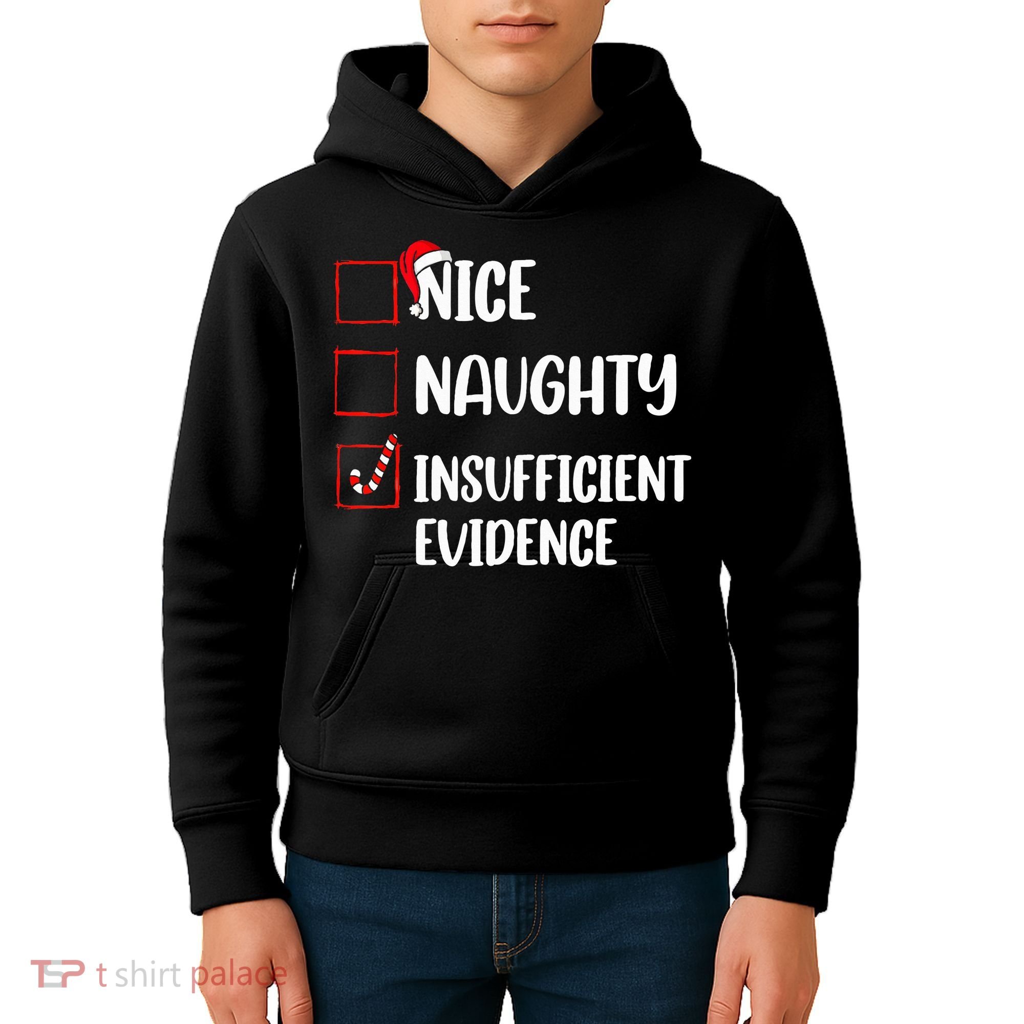 Christmas Nice Naughty Insufficient Evidence Santa Kids Hoodie