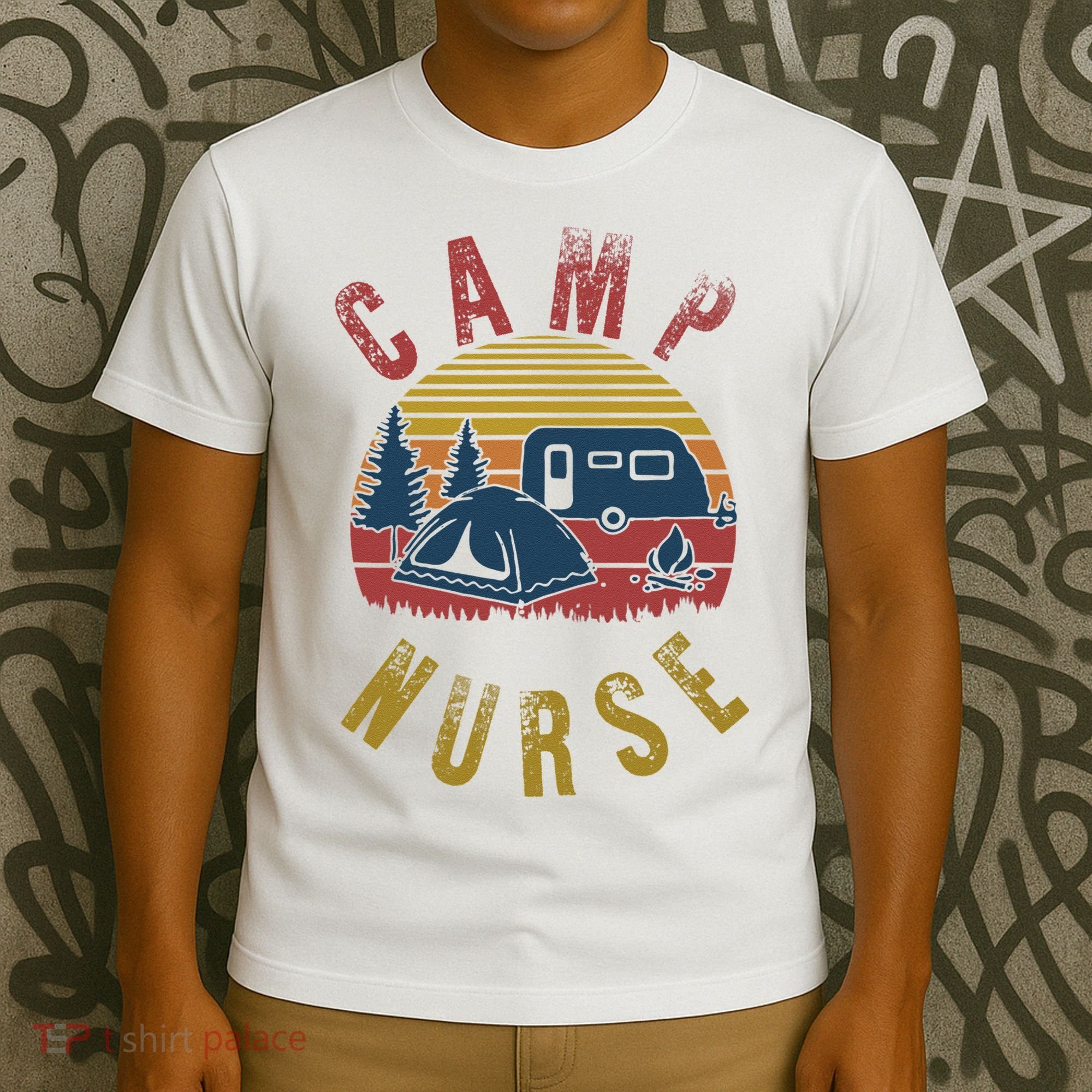 Camp Nurse Nursing Outdoor Summer Camping Retro Sunset T-Shirt