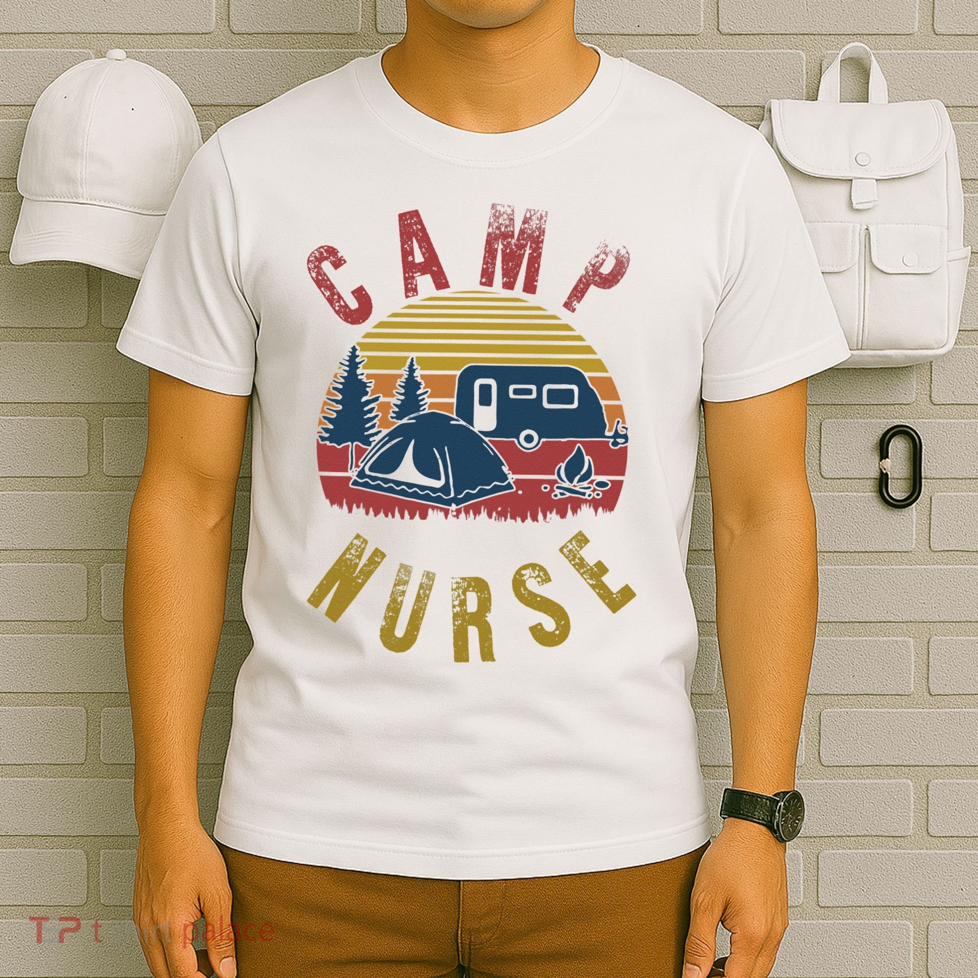 Camp Nurse Nursing Outdoor Summer Camping Retro Sunset T-Shirt
